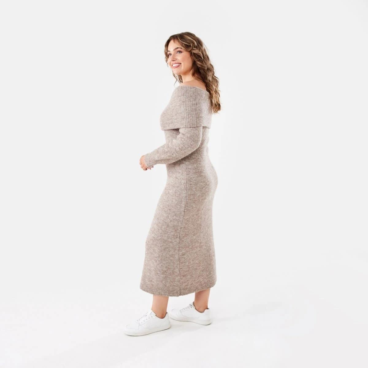 2 Long Sleeve Off Shoulder Knit Midi Dress Taupe Mrl, 2 of 5