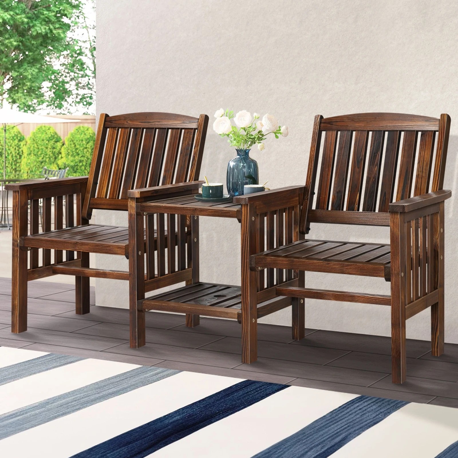 2 Alfordson Wooden Garden Bench Loveseat Outdoor Chairs Table Set Patio - Charcoal, 2 of 9