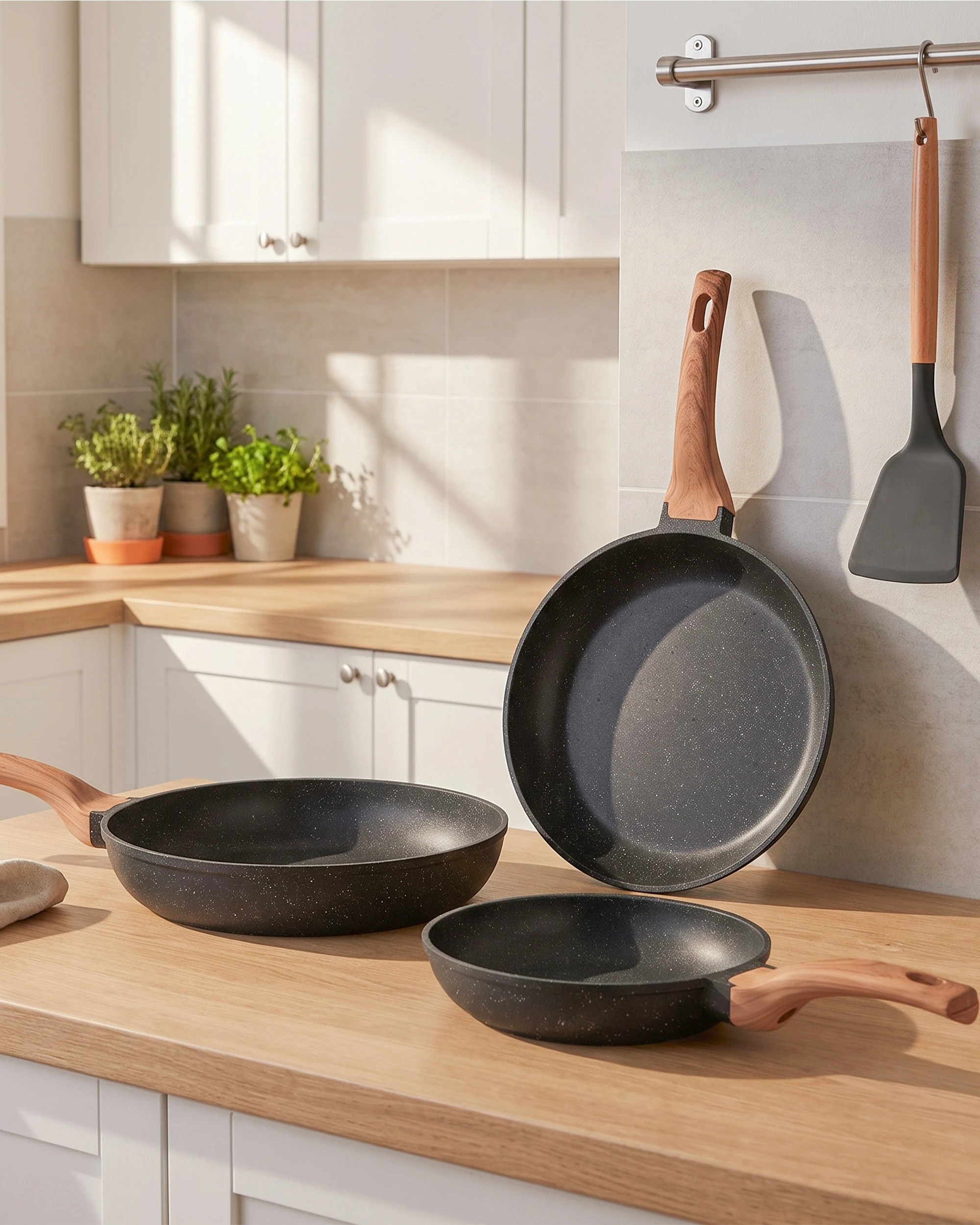2 ZUNI 3PCS Nonstick Cookware Frying Pan Set Stainless Steel Base Black, 2 of 9