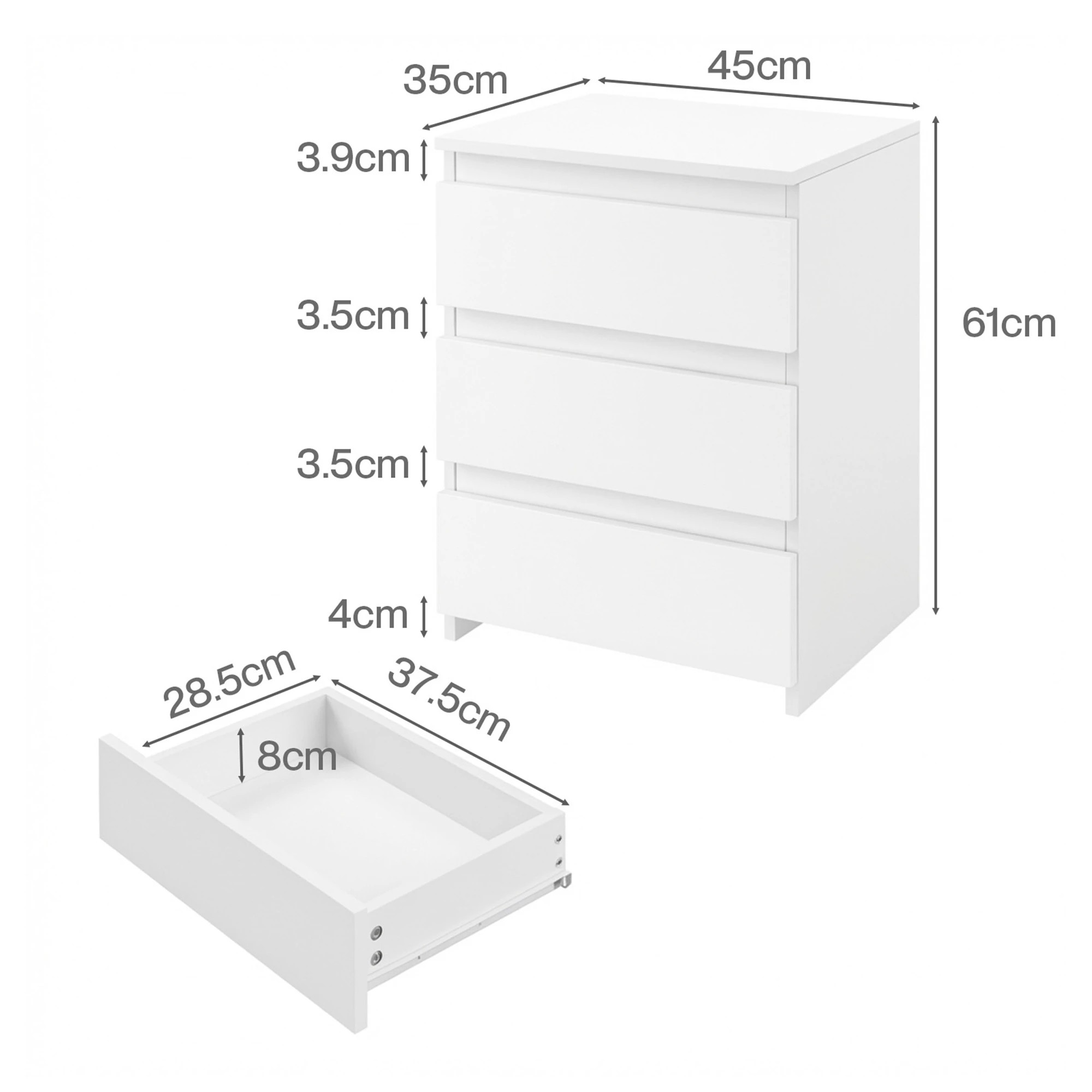 3 Levede Bedside Table Side Table 3 Drawers Storage Nightstand Bedroom Cabinet - White, 3 of 9