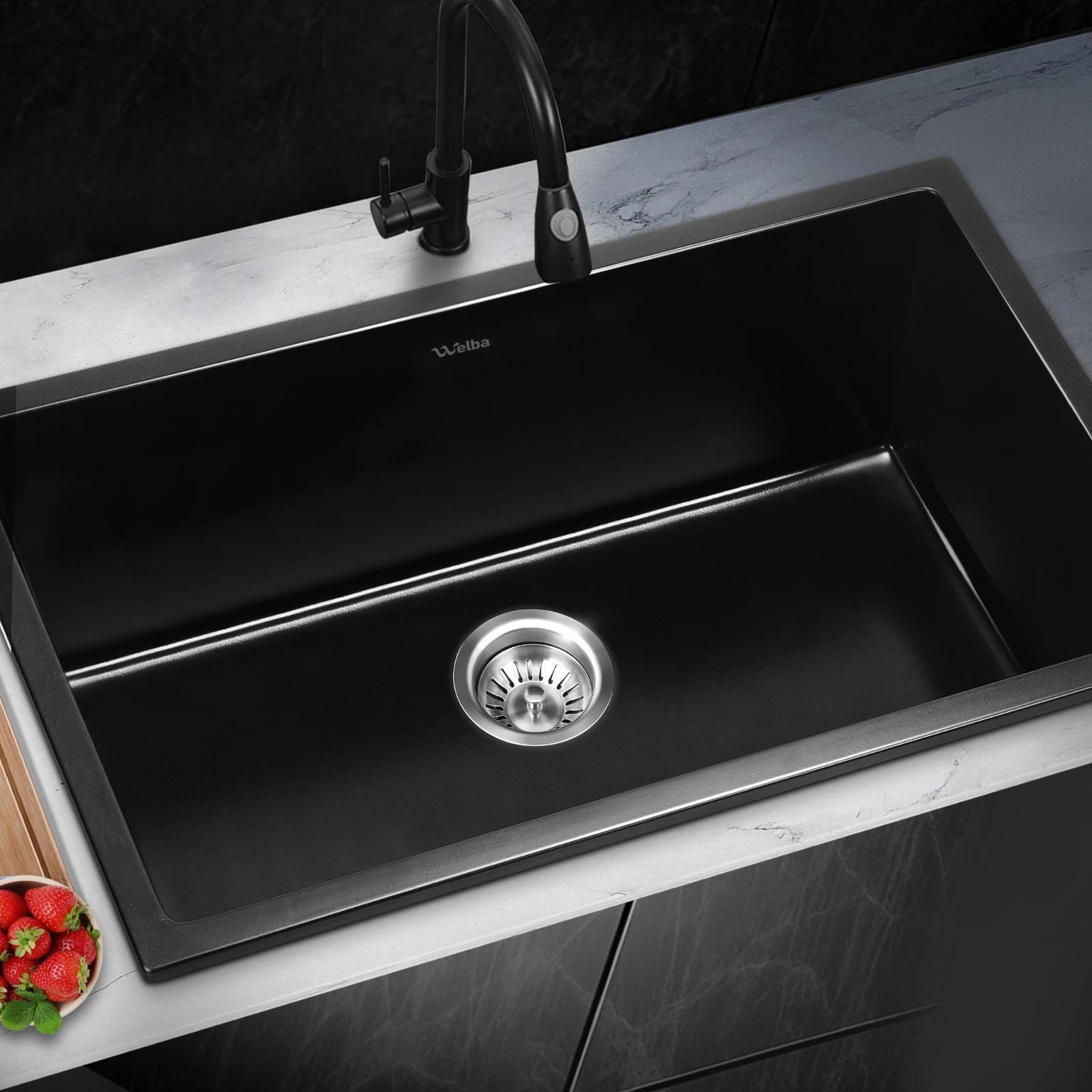 2 Welba Kitchen Sink 70x45cm Granite Stone Sink Laundry Basin Single Bowl - Black, 2 of 8