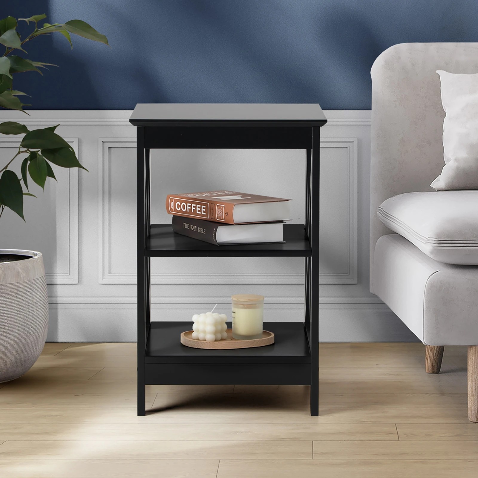 4 Oikiture 2x Side Table Coffee Bedside Sofa End Tables 3-tier Shelf - Black, 4 of 9