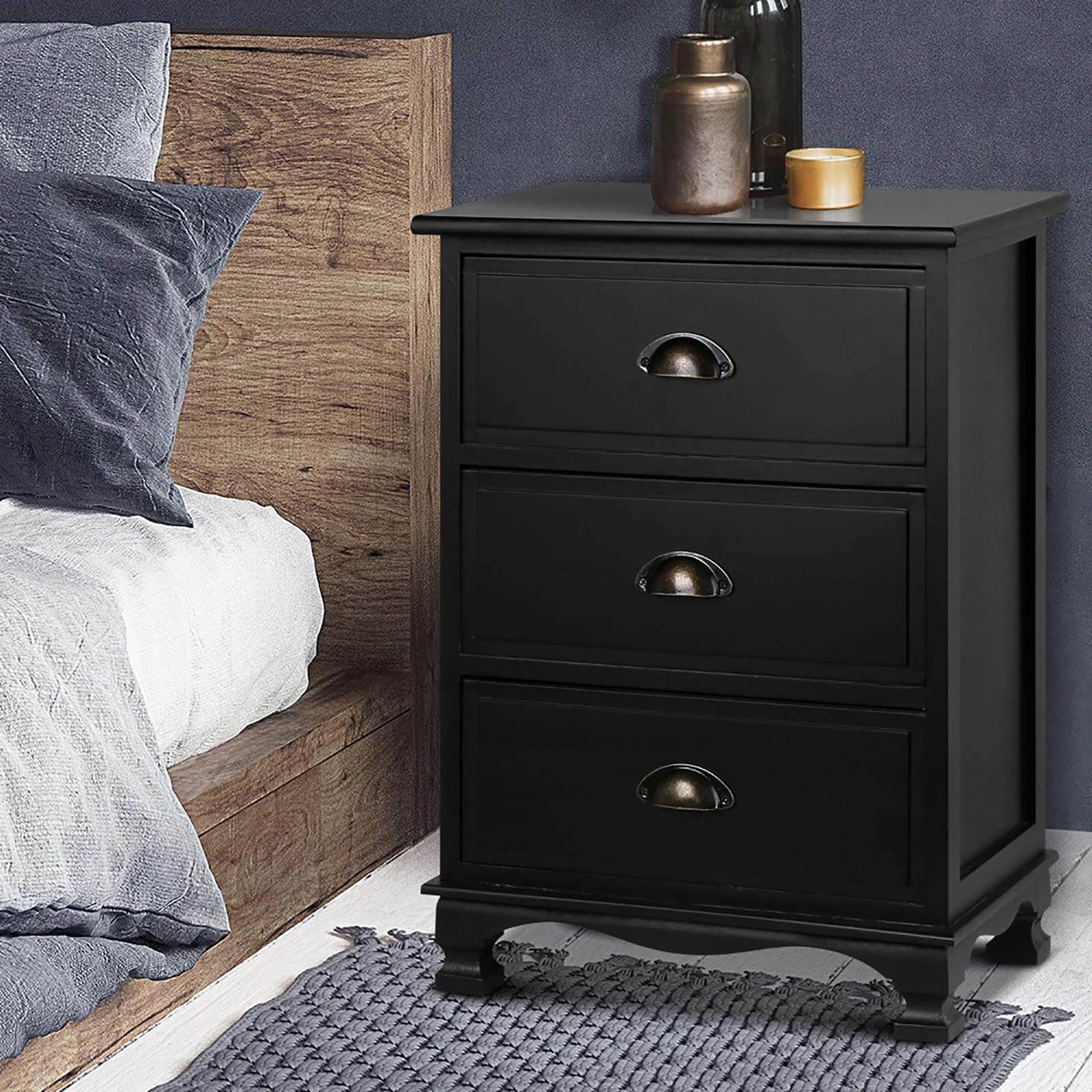 2 Artiss 2x Bedside Table 3 Drawers Vintage - THYME - Black, 2 of 7