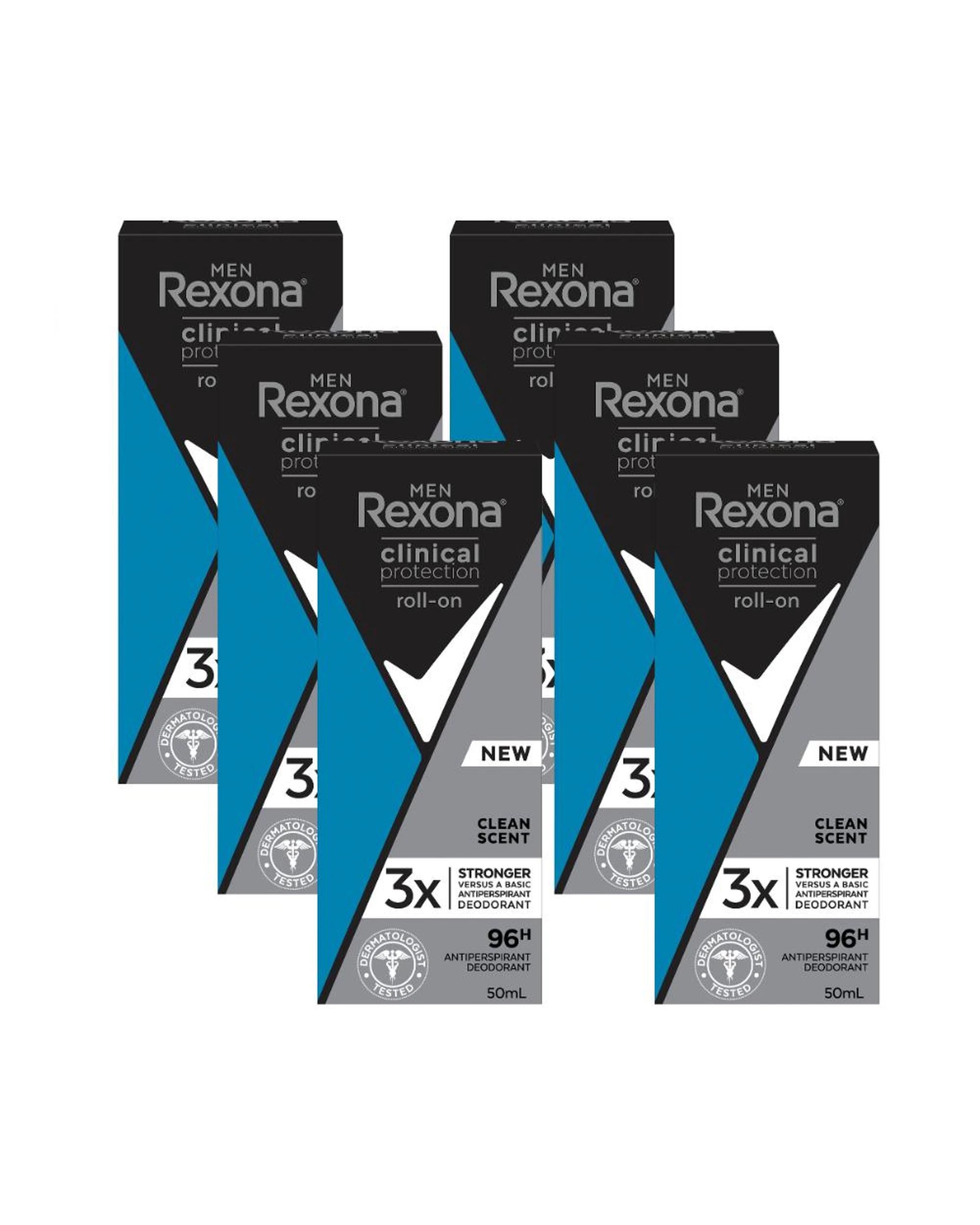 1 6 x Rexona Men Clinical Protection Deodorant Roll On Clean Scent 50mL, 1 of 2