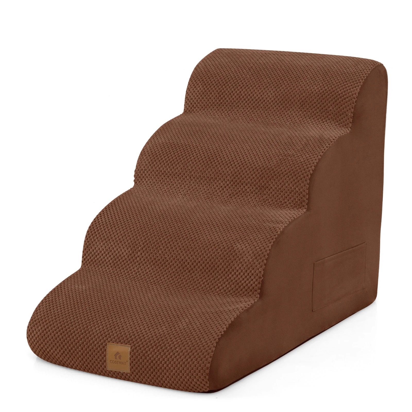 1 Costway 4-Step Dog Ramp Foam Pet Stair w/Storage Pocket & Handle - Brown, 1 of 5