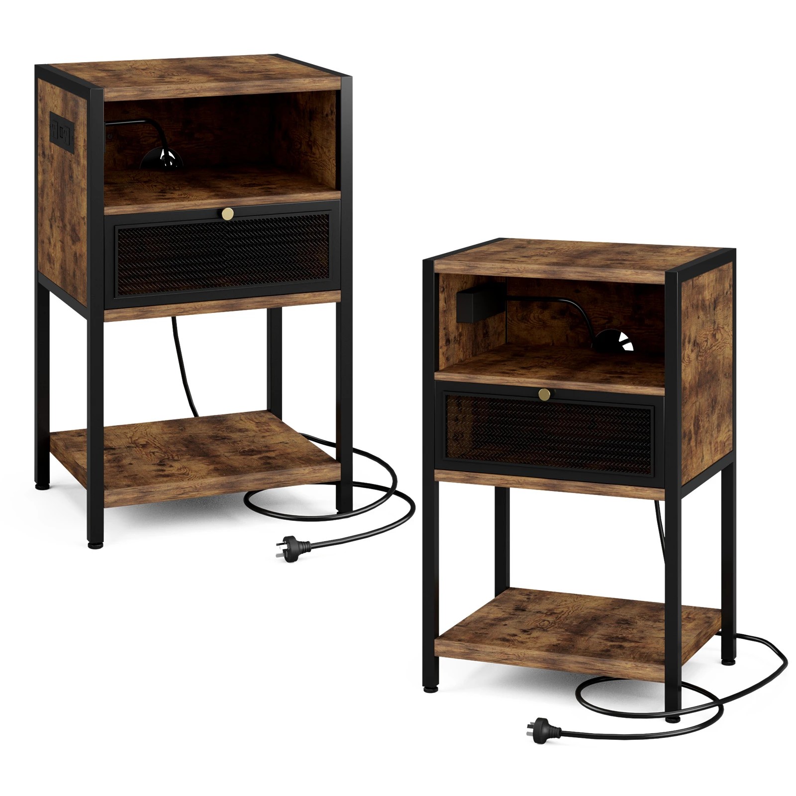 1 Advwin 2x Bedside Table with Charging Station Metal Mesh Drawer Nightstand Side Table - Brown, 1 of 9