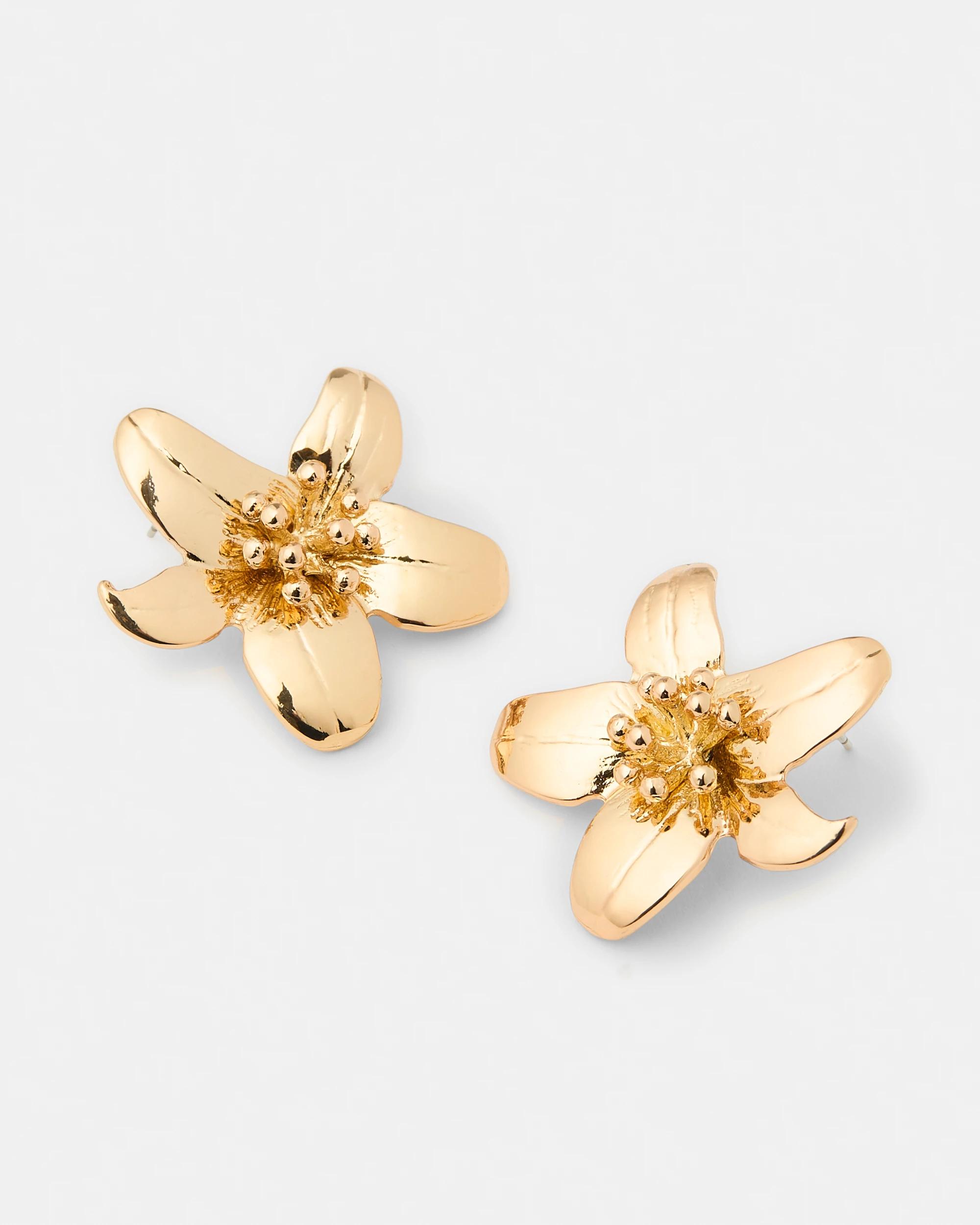 3 Floral Stud Earrings - Gold Tone Gold, 3 of 5