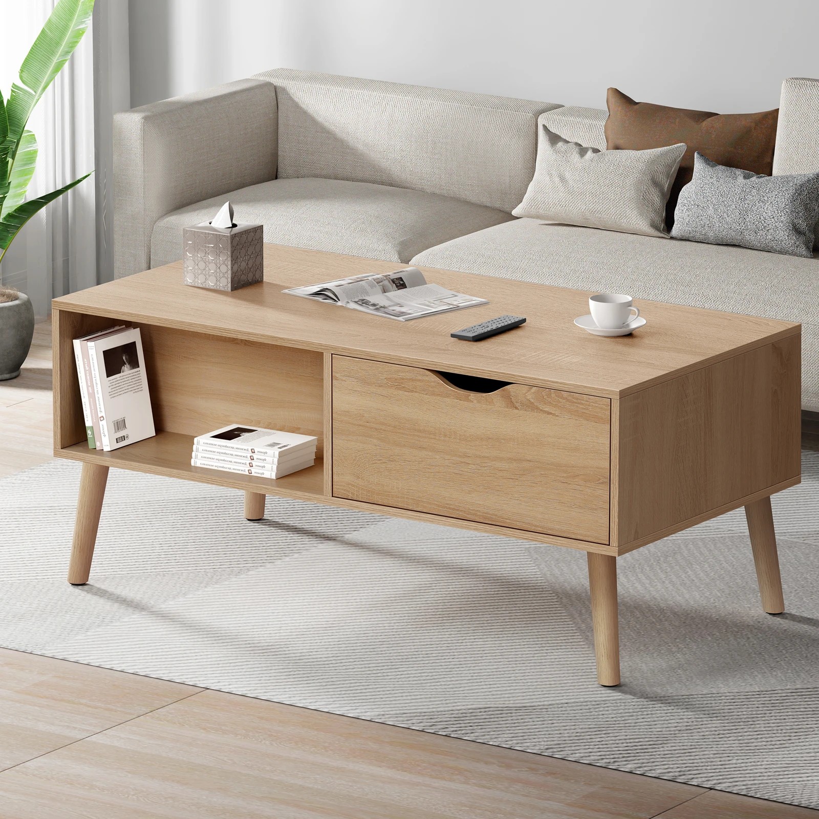 2 Alfordson Coffee Table Storage Tables 2 Drawers Shelf Modern Desk - Oak, 2 of 10