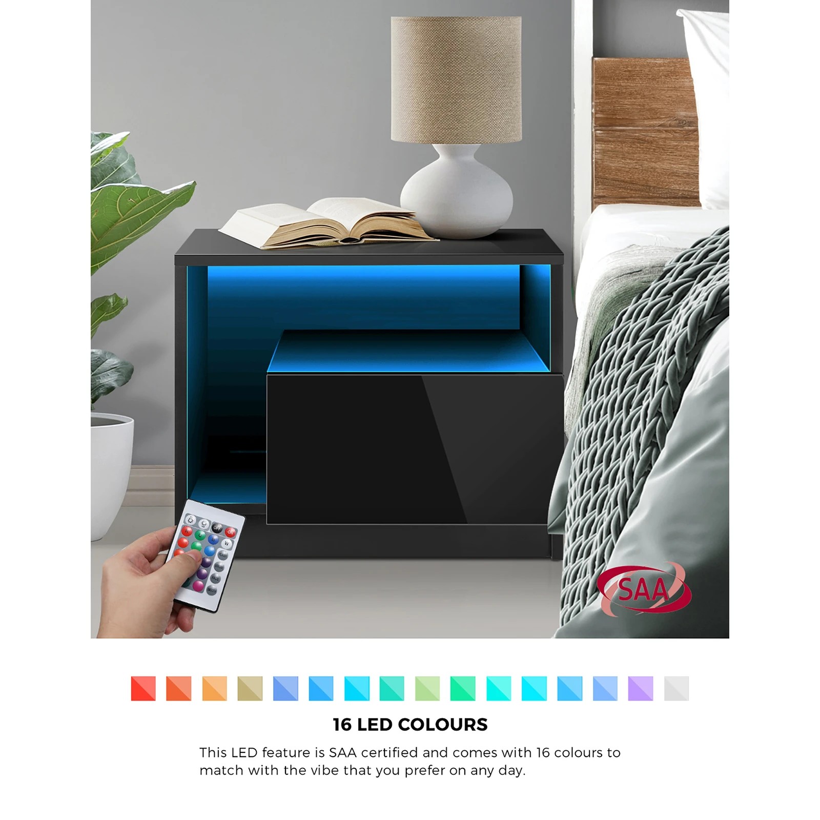 3 Oikiture Bedside Tables Rgb Led Drawers High Gloss Nightstand
 - Black, 3 of 10