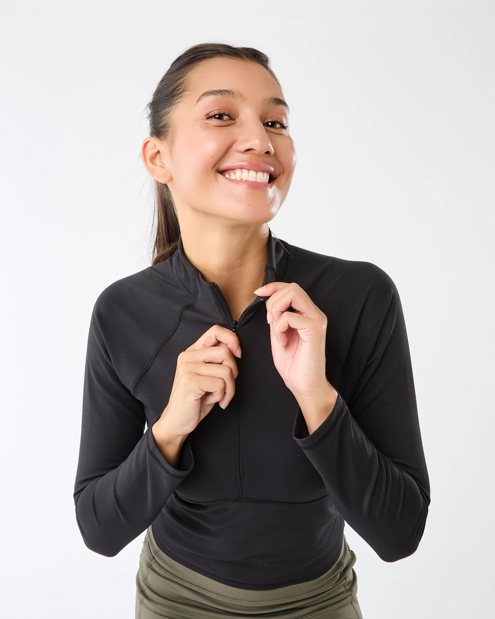 4 Active Womens Long Sleeve 1/4 Zip Ultrasoft Top BLACK, 4 of 10