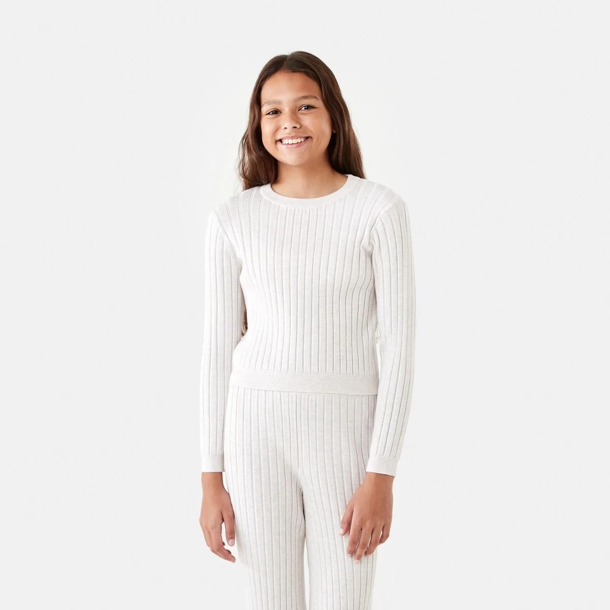 1 Long Sleeve Rib Knit Top Crm Marle, 1 of 8