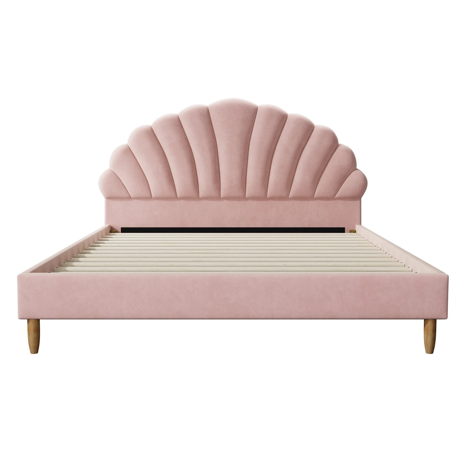 6 Oikiture Bed Frame Double Size Scallop-Shape Bedhead Velvet with Mattress - Pink, 6 of 8