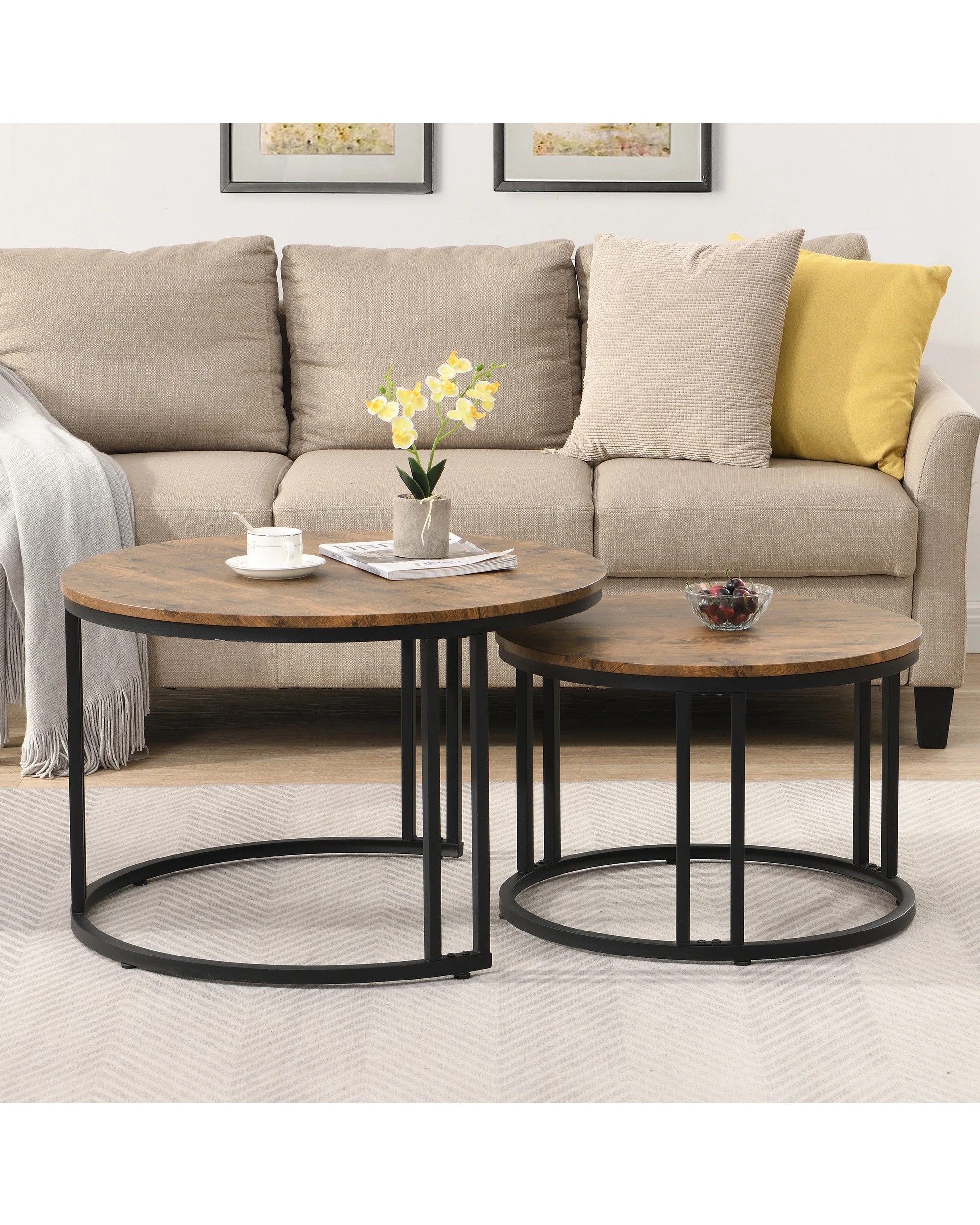 3 IHOMDEC Round Metal and Wooden Nesting Coffee table - Brown, 3 of 9