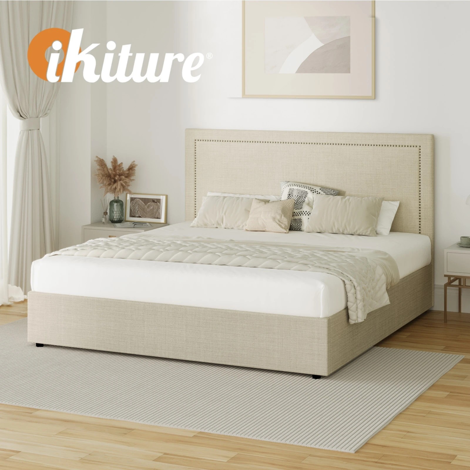 6 Oikiture King Bed Gas Lift Bed Frame
 - Beige, 6 of 10