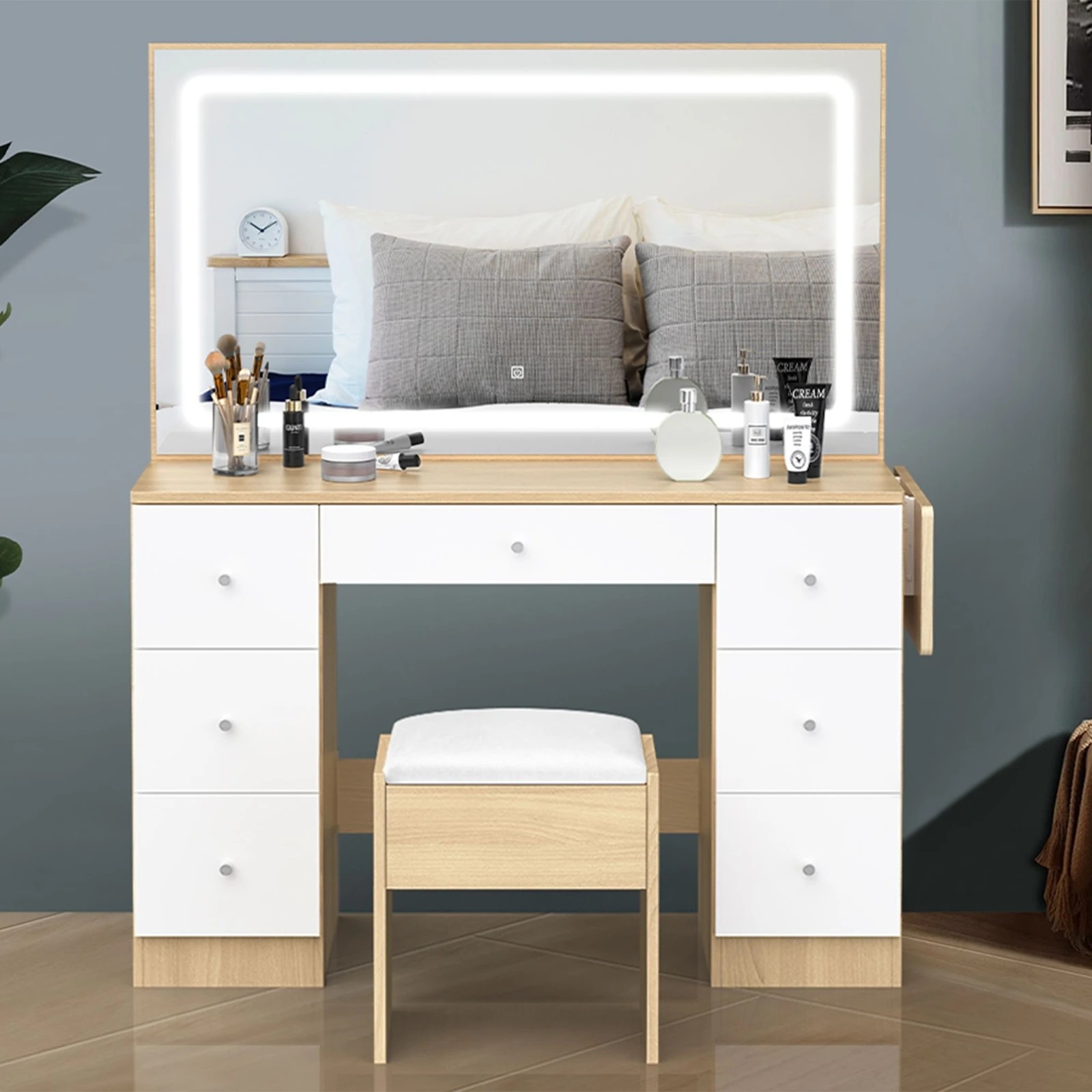 4 Alfordson Dressing Table Stool Set Makeup Mirror LED Vanity Desk 7 Drawers - Wood, 4 of 10