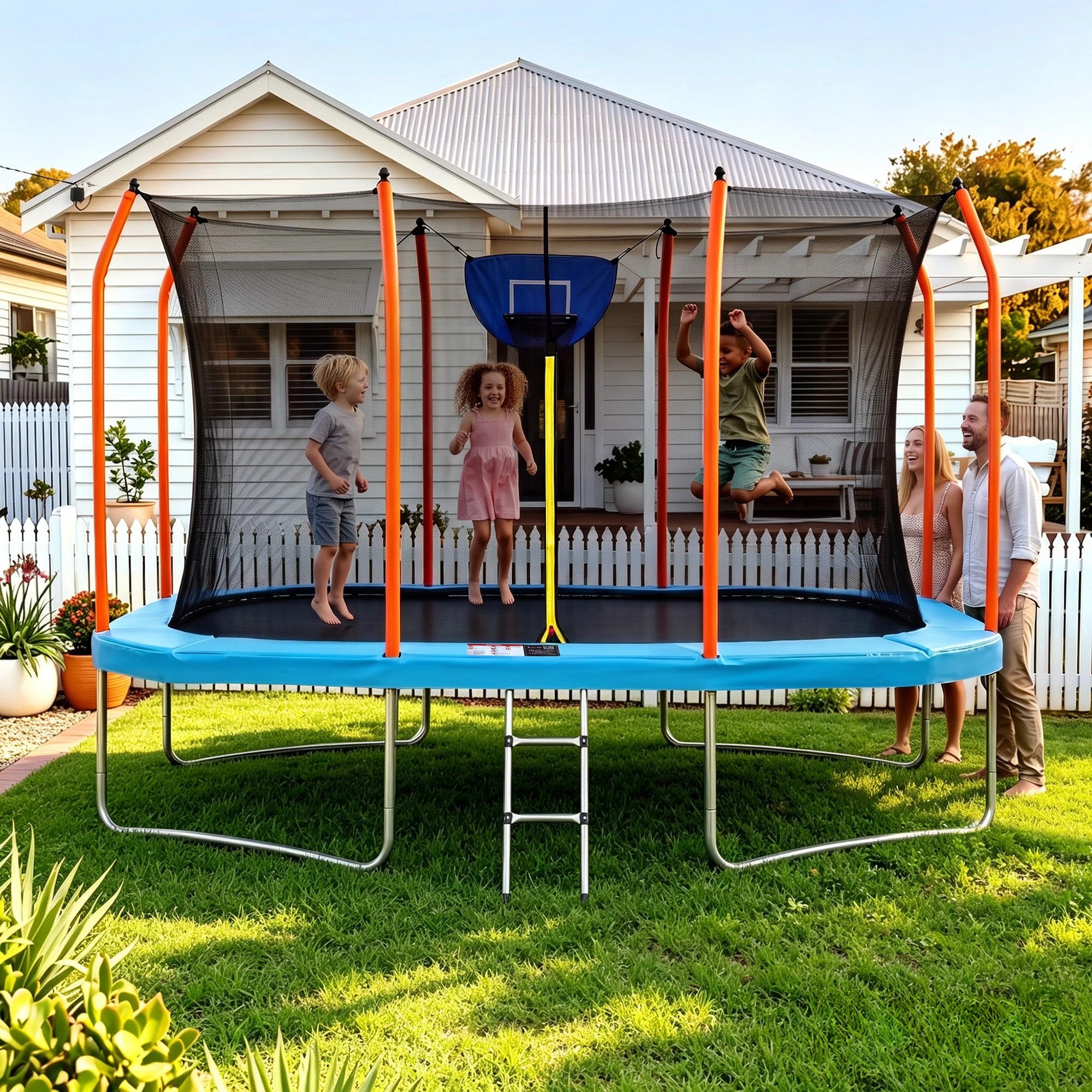 8 Everfit 12FT Kids Rectangle Trampoline Rebounder with Basketball Set Enclosure Net Ladder - Blue, 8 of 9