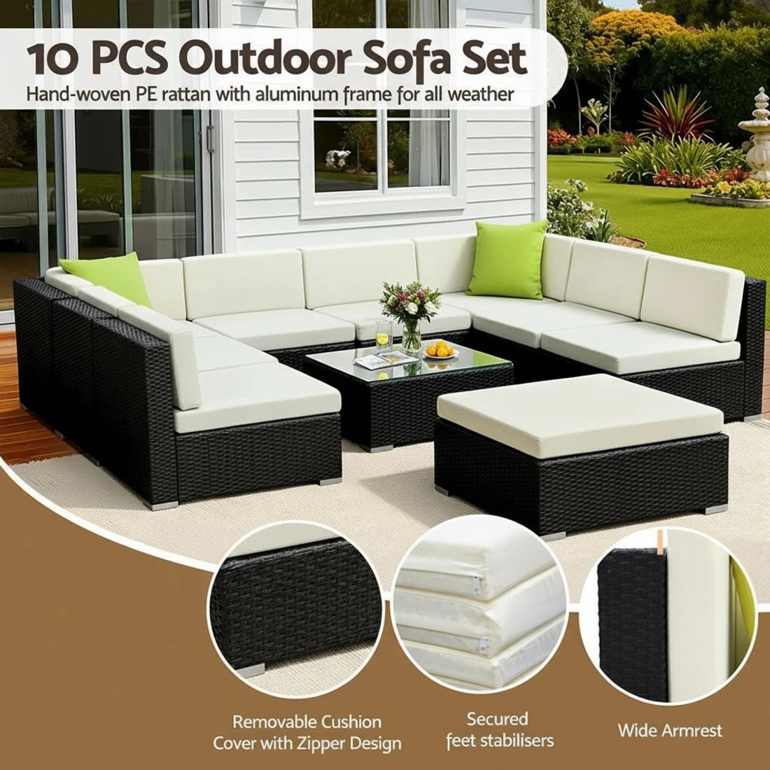 3 Gardeon 10-Piece Outdoor Sofa Set Wicker Couch Lounge Setting Cover - Black, 3 of 5