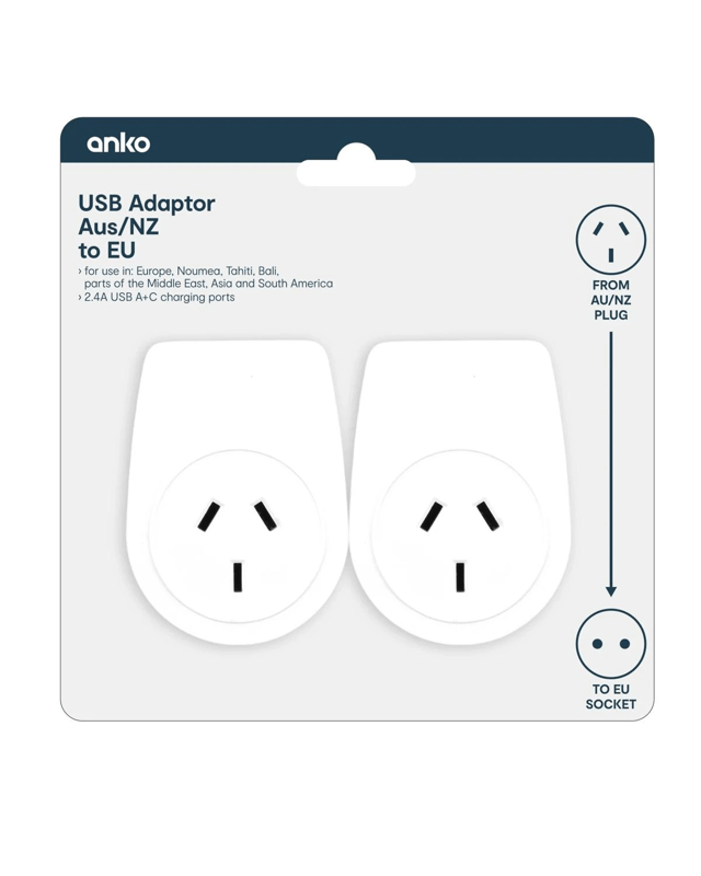 USB Compact Travel Adaptor: Aus/NZ to EU - Twin 