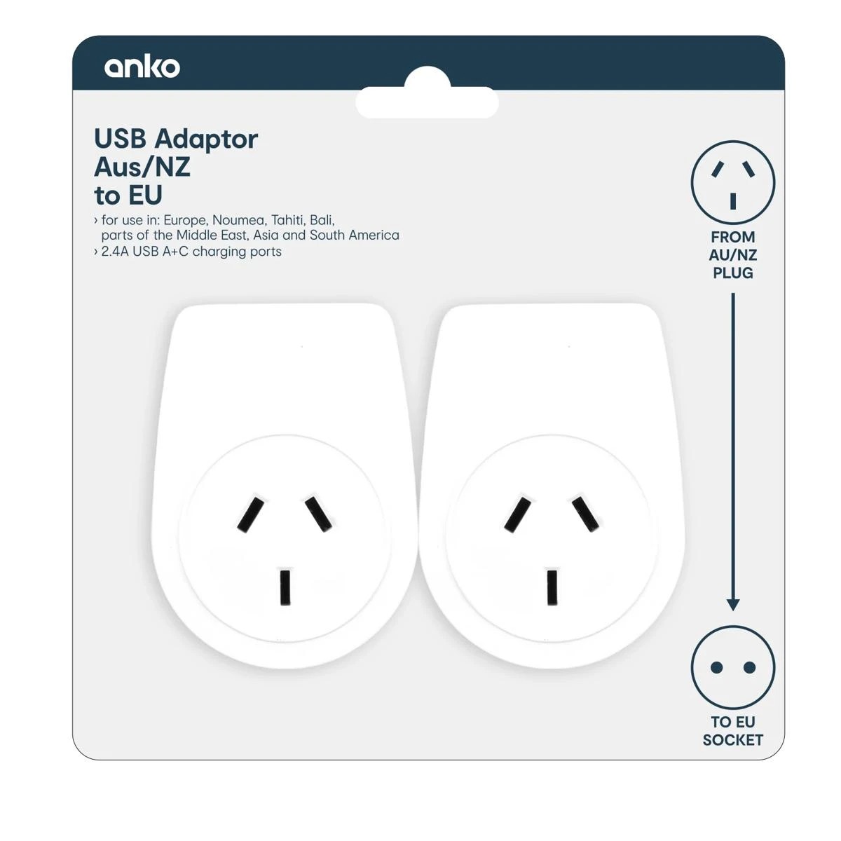 1 USB Compact Travel Adaptor: Aus/NZ to EU - Twin Pack, 1 of 6