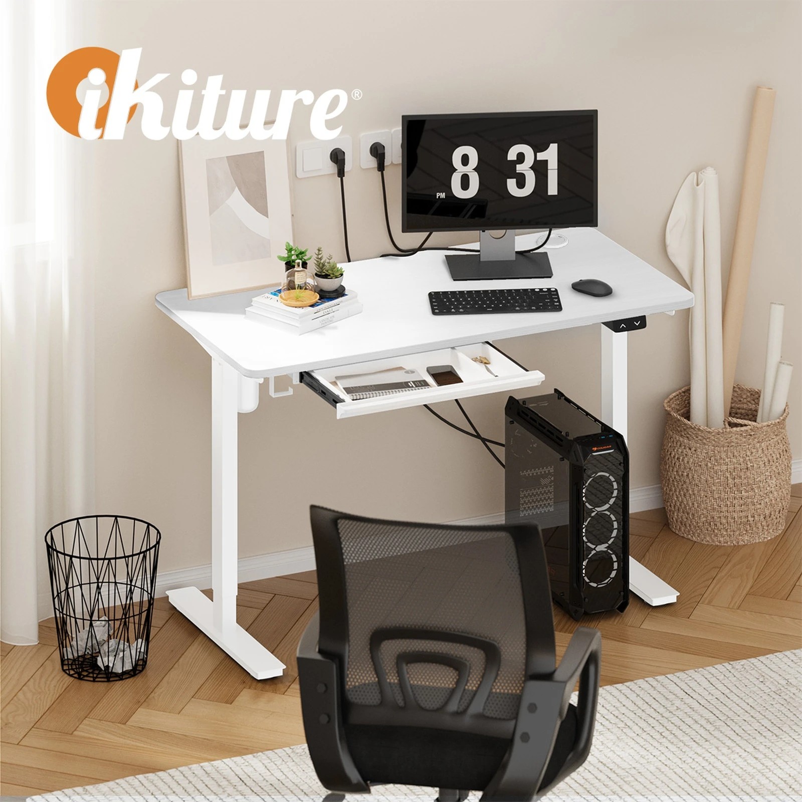 3 Oikiture 150cm Electric Standing Desk With Drawer Height Adjustable
 - White, 3 of 4