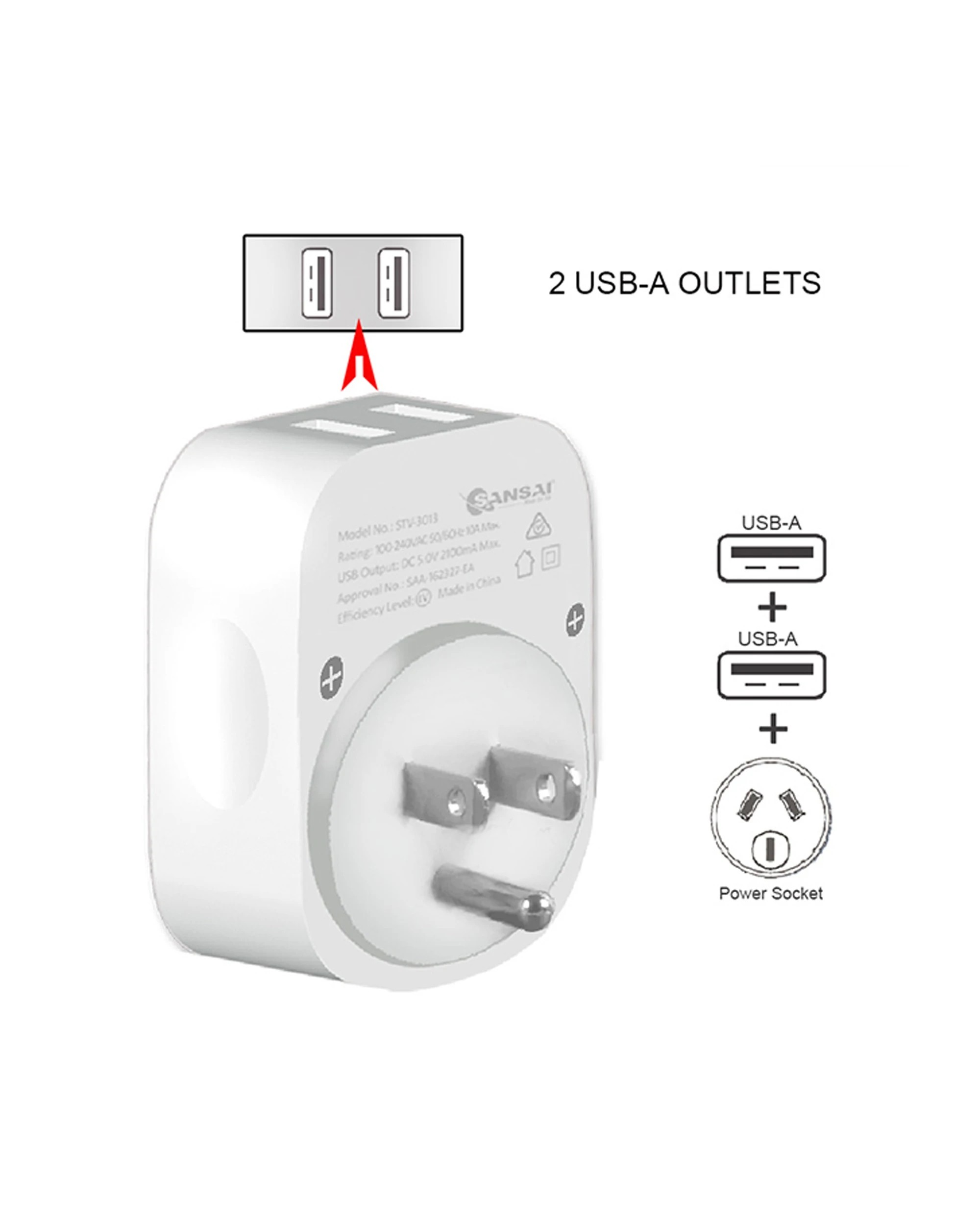 3 Sansai Surge Protected Travel Adapter with 2 USB Ports AU USA Region - White, 3 of 3