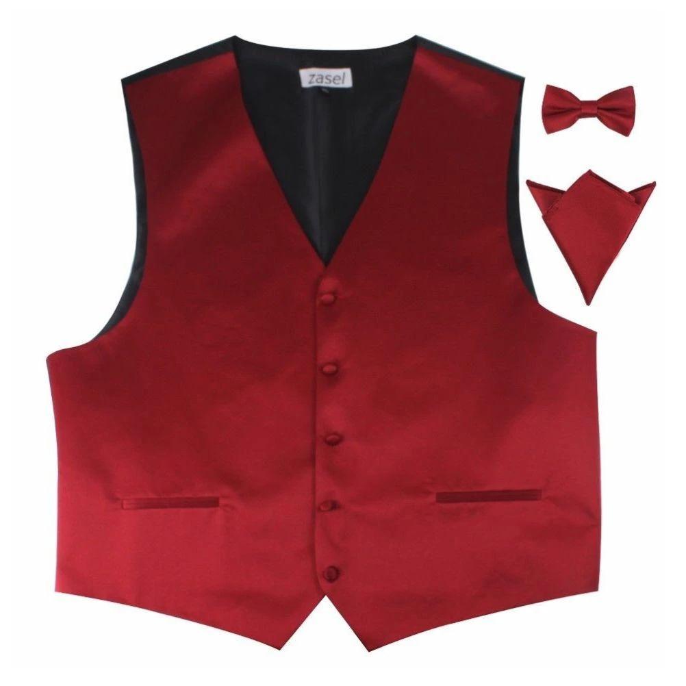1 Zasel Mens Plain Vest Waistcoat & Matching Bow Tie & Pocket Square DARK RED, 1 of 1