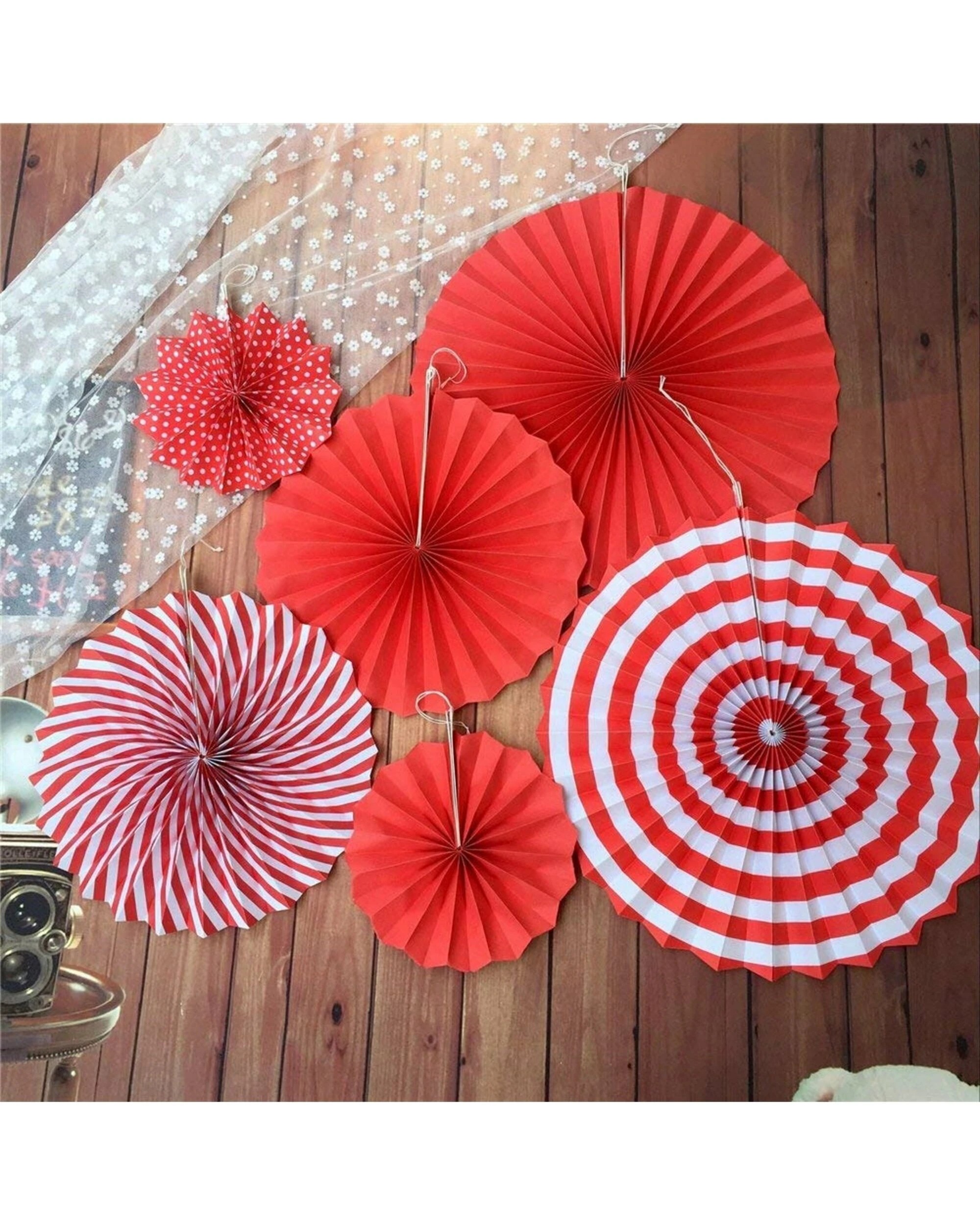 2 Partyrama Red Paper Fan Decorations Pack of 6 - Red, 2 of 3