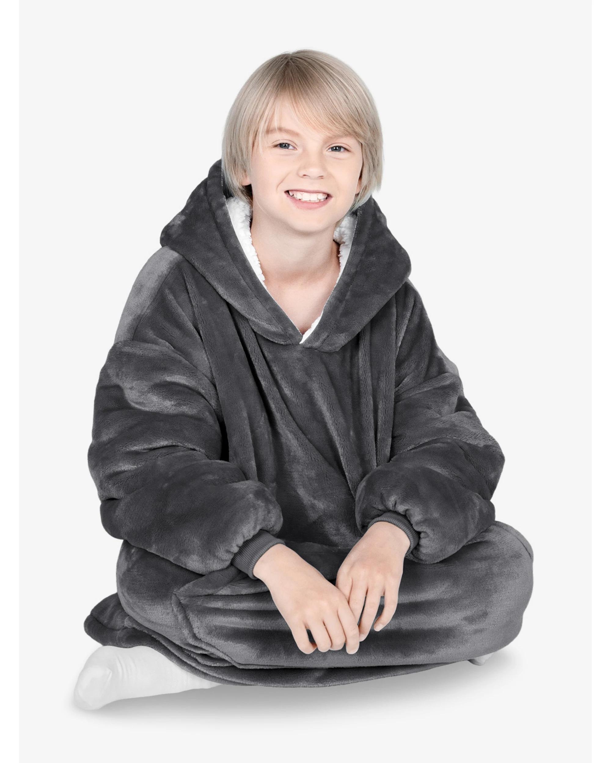 3 Advwin Wearable Blanket Oversized Comfort Hoodie Kids Black Dark Grey, 3 of 5