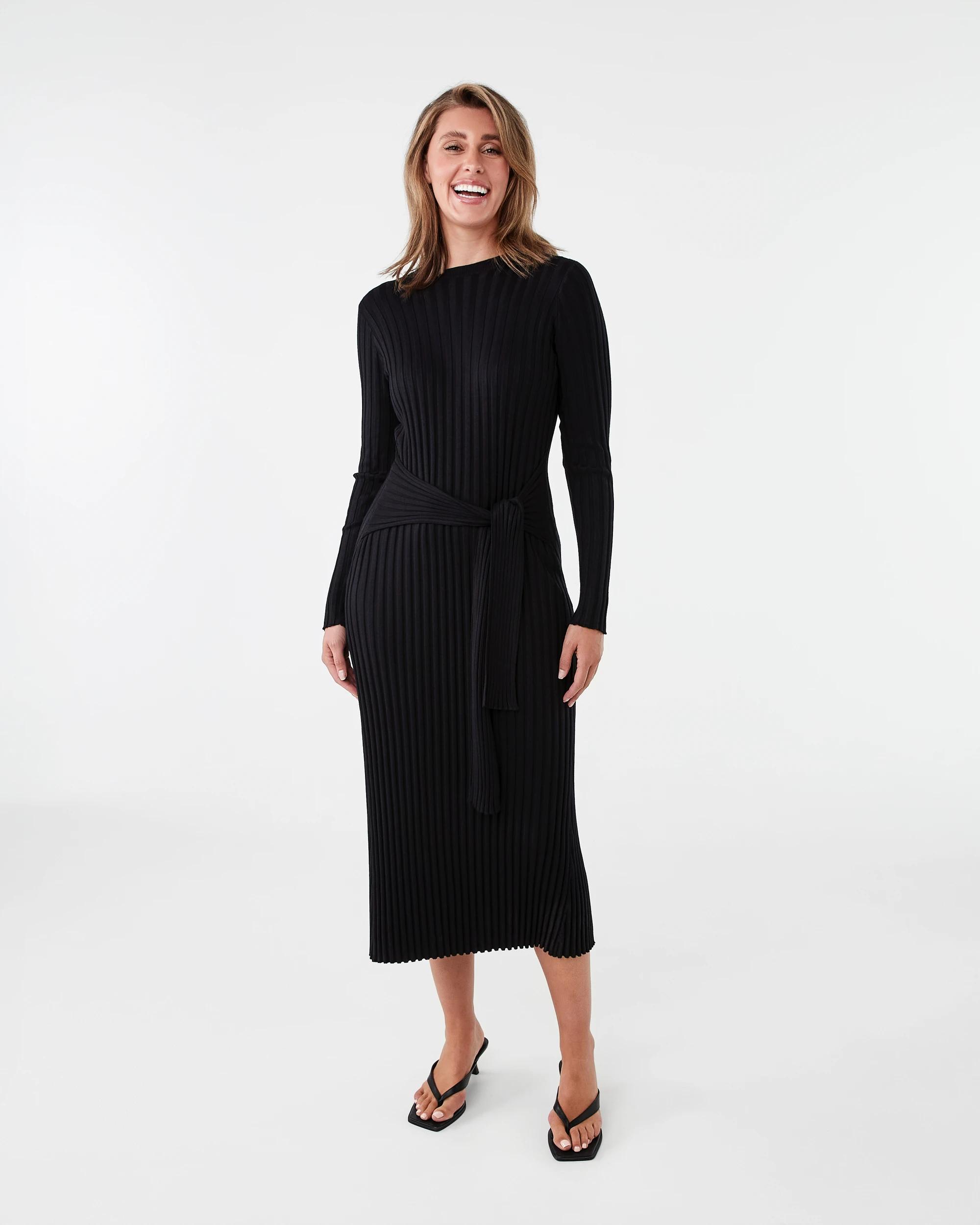 1 Long Sleeve Waist Tie Maxi Dress Black, 1 of 7