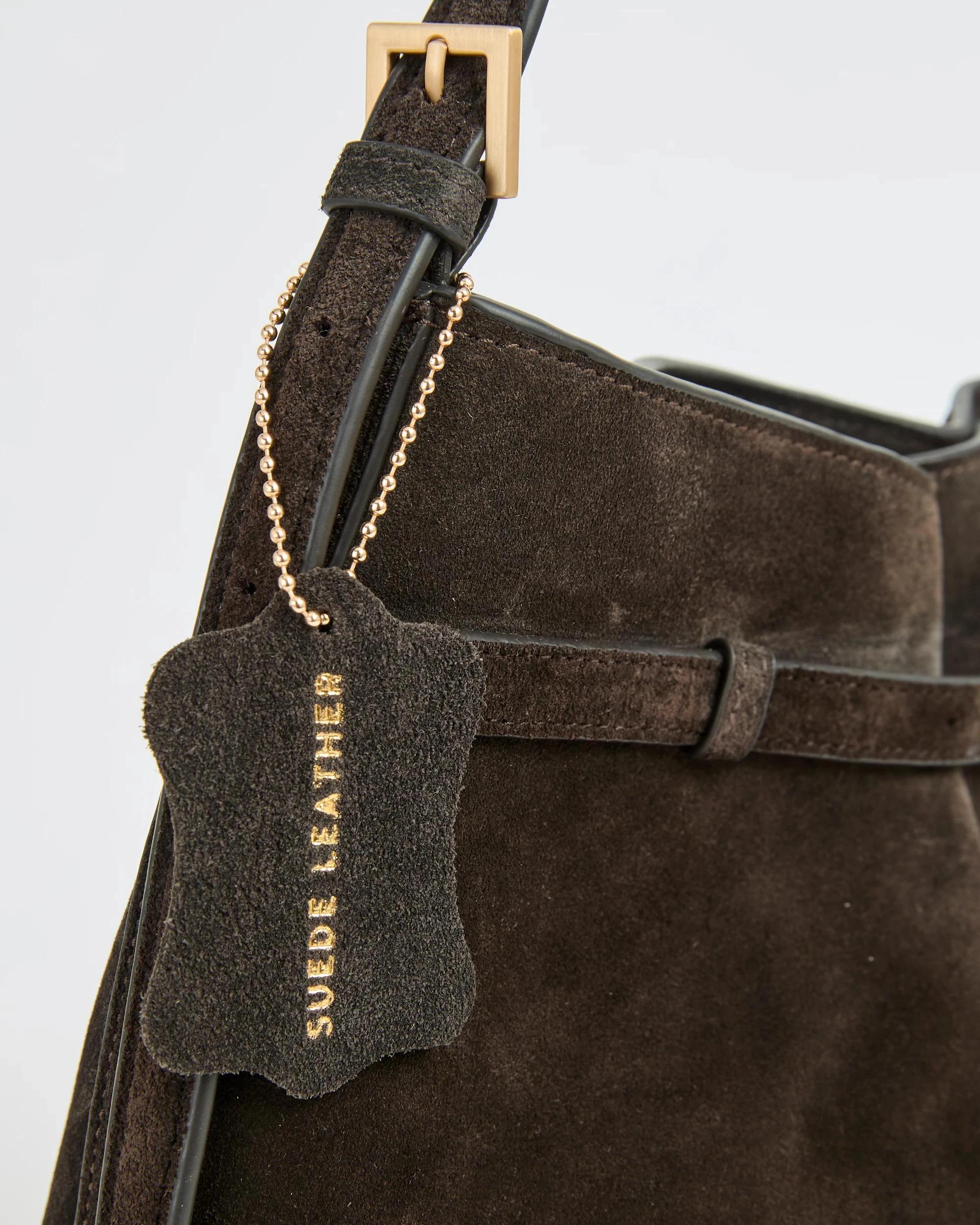 2 Target Woman Premium Suede Leather Belted Bucket Bag BITTER CHOCOLATE, 2 of 3