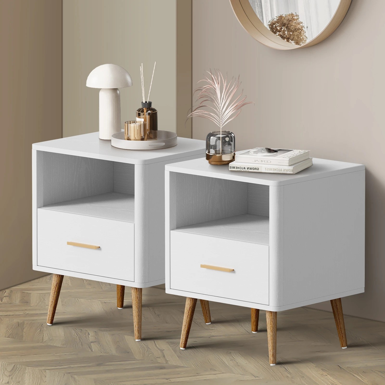 3 Oikiture 2x Bedside Table 1 Drawer Open Shelf Side End Tables Nightstand - White, 3 of 9