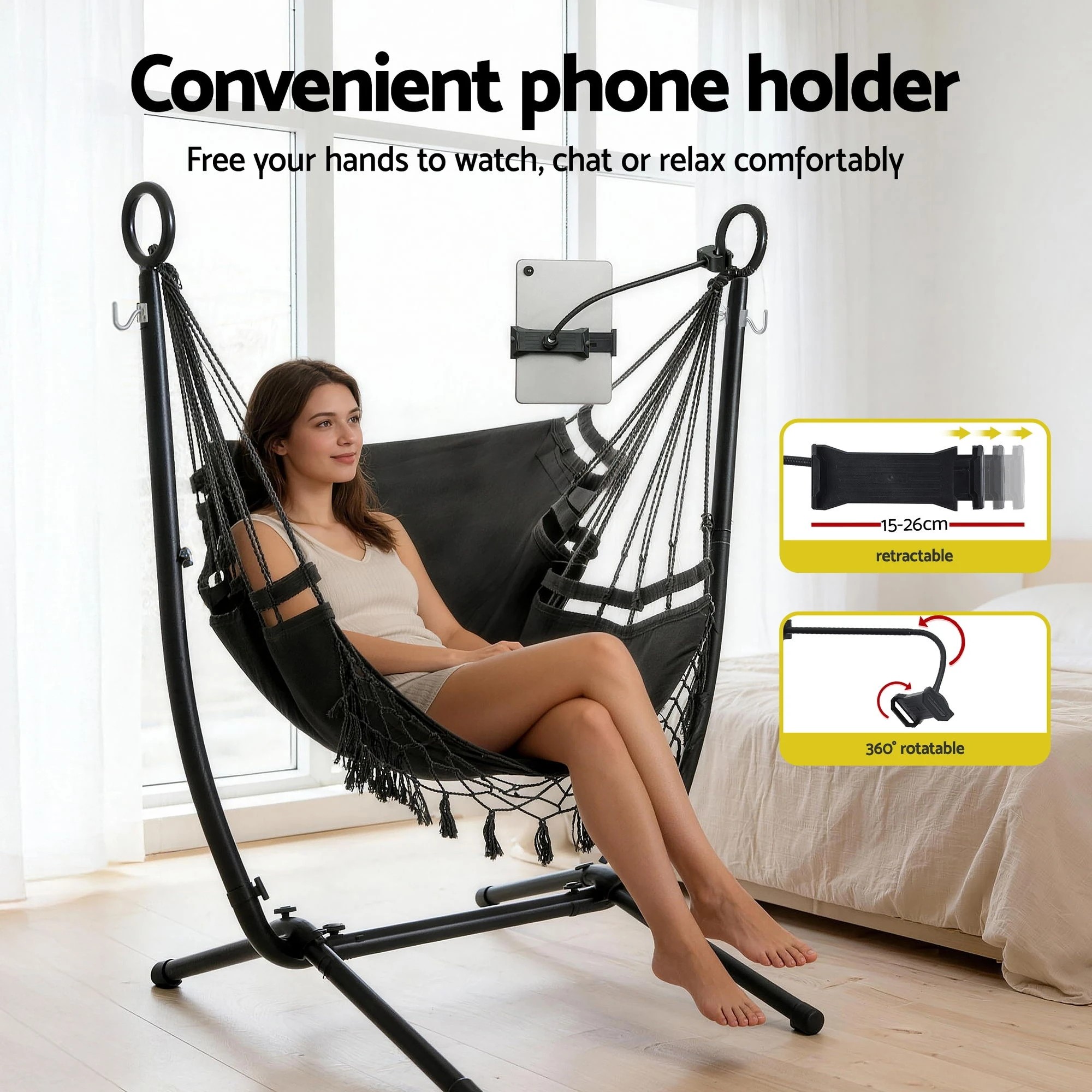 4 Gardeon Hammock Chair Stand Iron Frame w/ Phone Holder - Black, 4 of 6