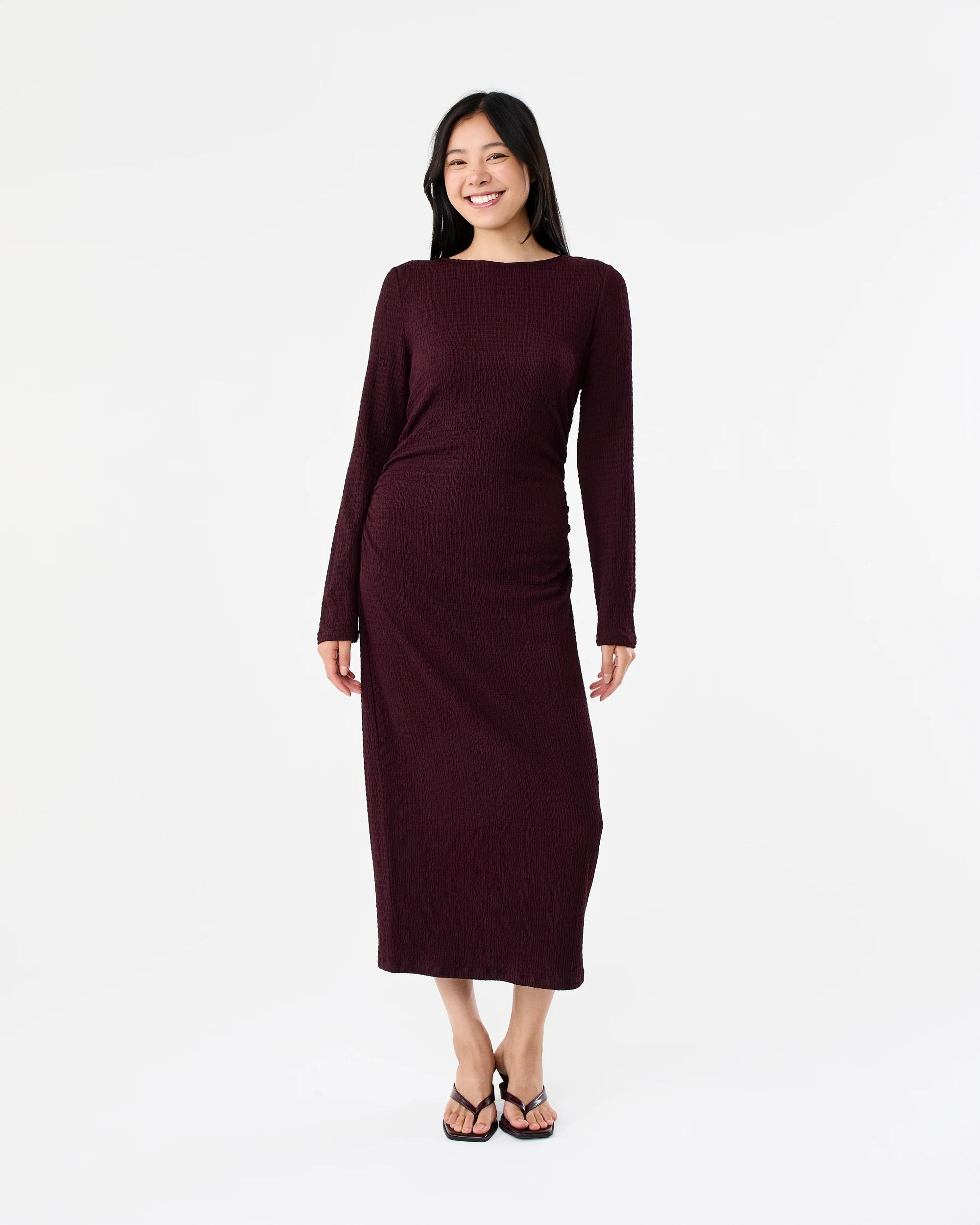 1 Long Sleeve Crinkle Ruched Midi Dress Red Royale, 1 of 8