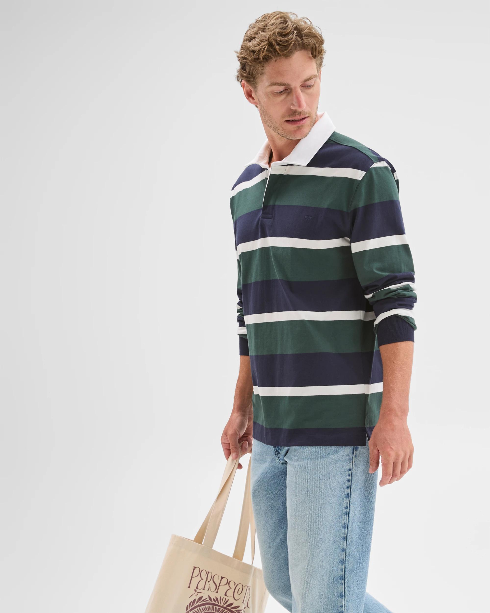 5 Target Man Australian Cotton Long Sleeve Rugby Polo Top NAVY GREEN STRIPE, 5 of 8
