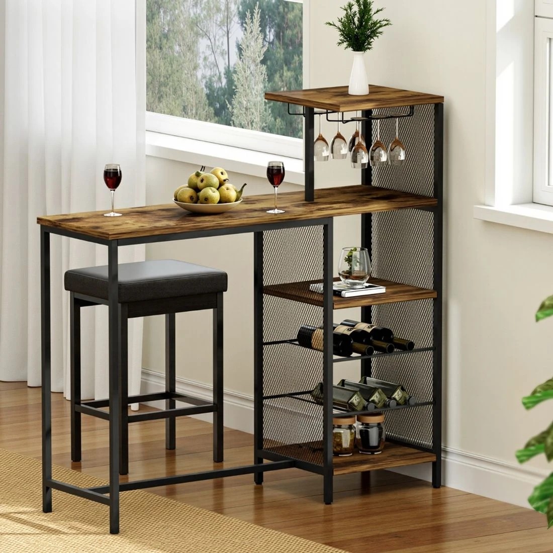 3 Artiss Industrial Bar Table Wine Rack Cup Holders Durable Storage Steel Metal Frame 122cm Compact Hub - brown, 3 of 8