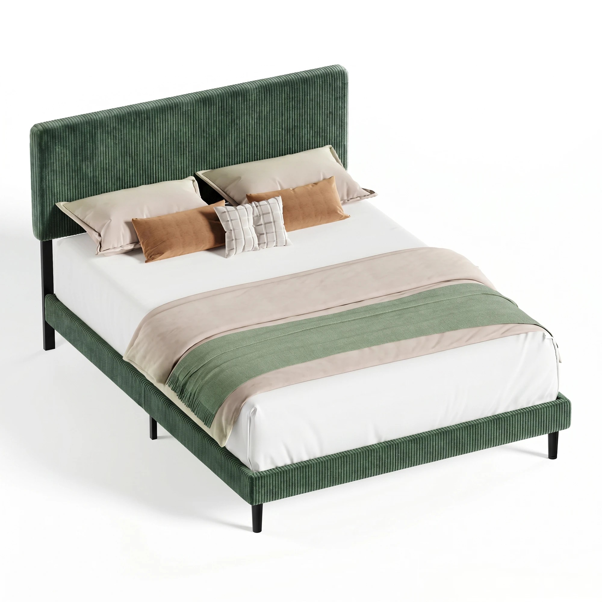 1 Advwin Double Corduroy Upholstered Bed with Adjustable Headboard - Green, 1 of 7