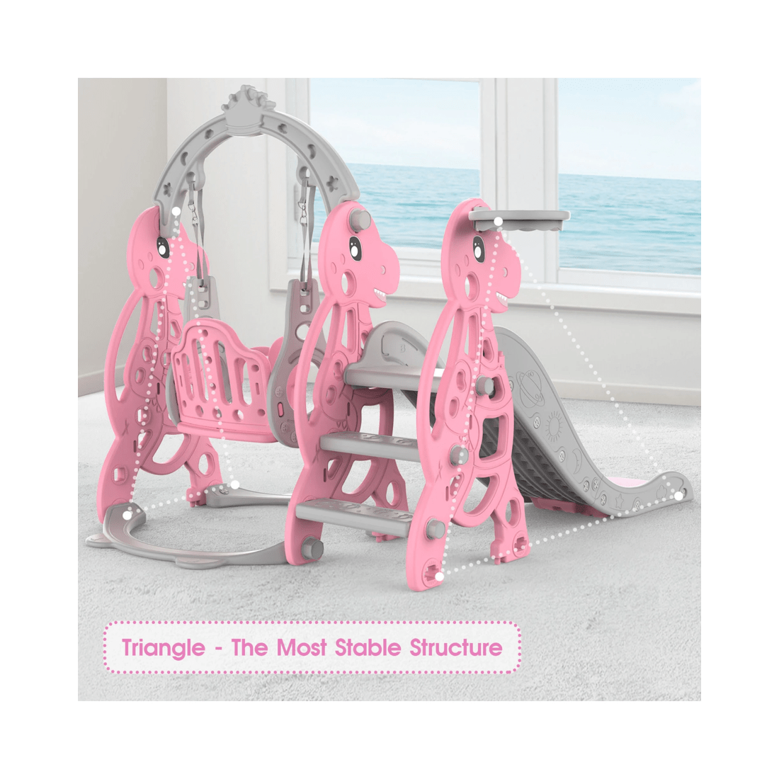 5 Advwin 4-in-1 Kids Slide Swing Set with Basketball Hoop Pink, 5 of 8