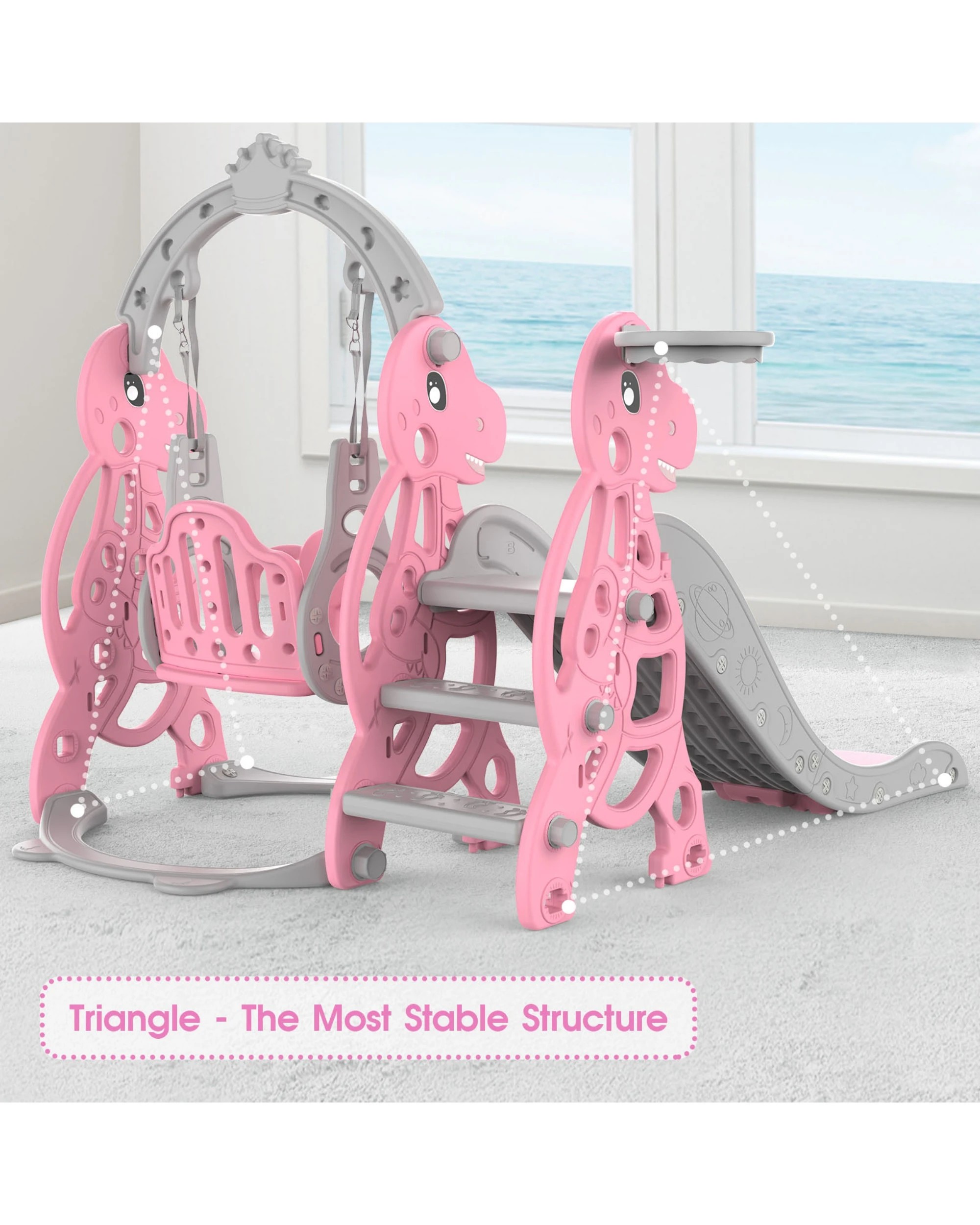 5 Advwin 4-in-1 Kids Slide Swing Set with Basketball Hoop Pink, 5 of 8