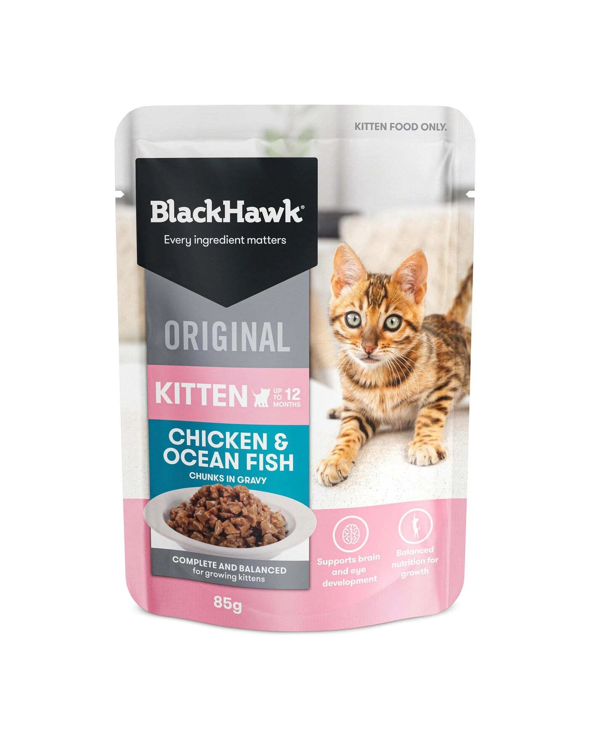 1 Black Hawk Kitten Up to 12 Months Wet Cat Food Chicken & Ocean Fish 12 x 85g, 1 of 2