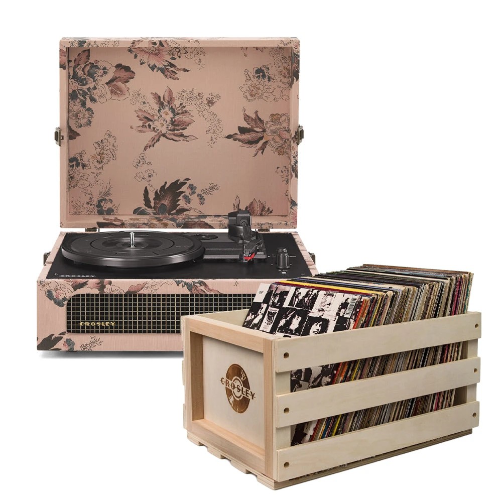 1 Crosley Voyager Bluetooth Portable Turntable - Floral + Bundled Record Storage Crate - Pattern, 1 of 5