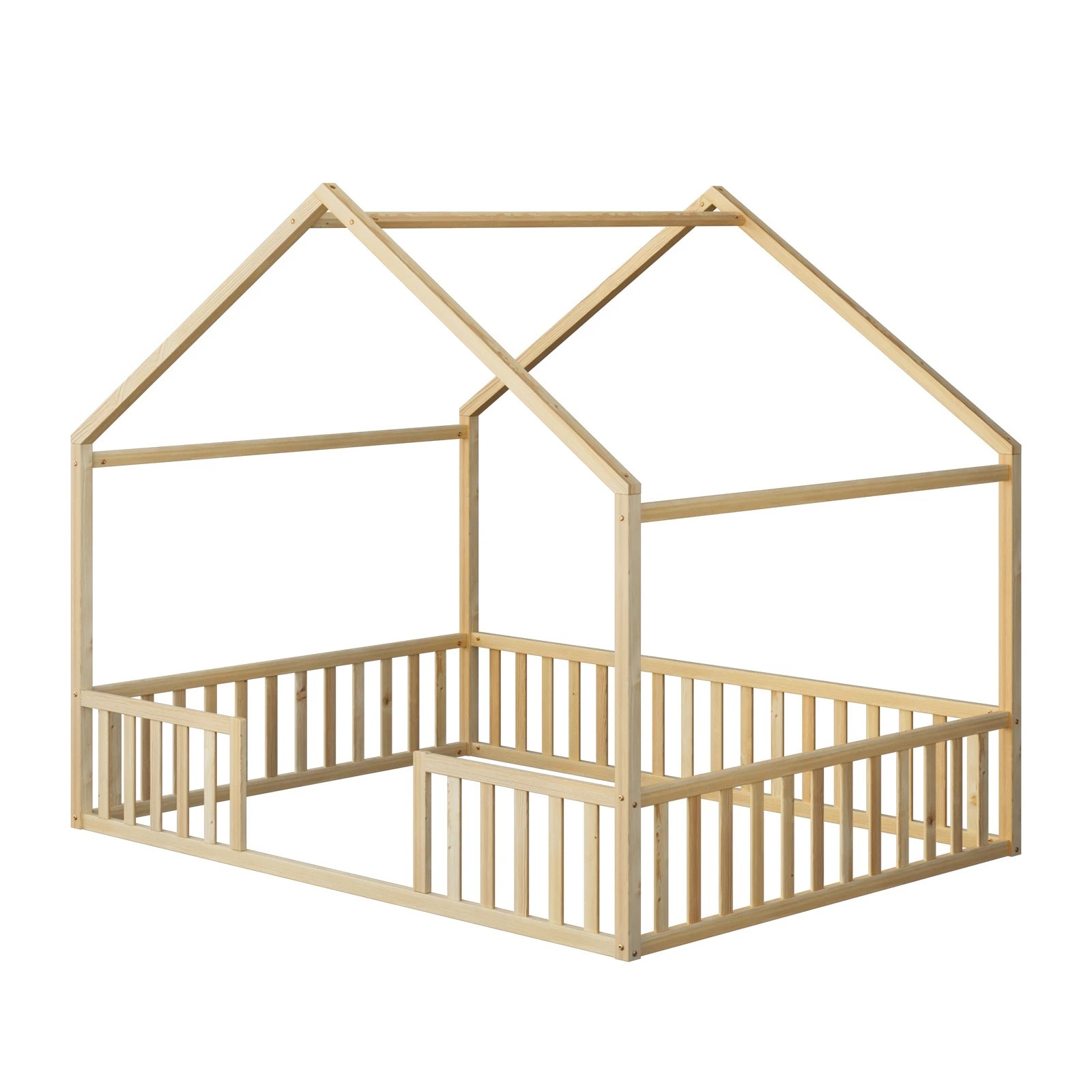 1 Oikiture Double House Bed Kids Wooden Bed Frame - Natural, 1 of 10