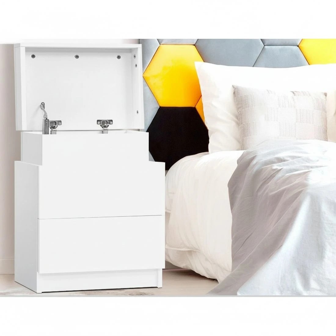3 Artiss Bedside Table 2 Drawers Lift-up Storage - White, 3 of 5