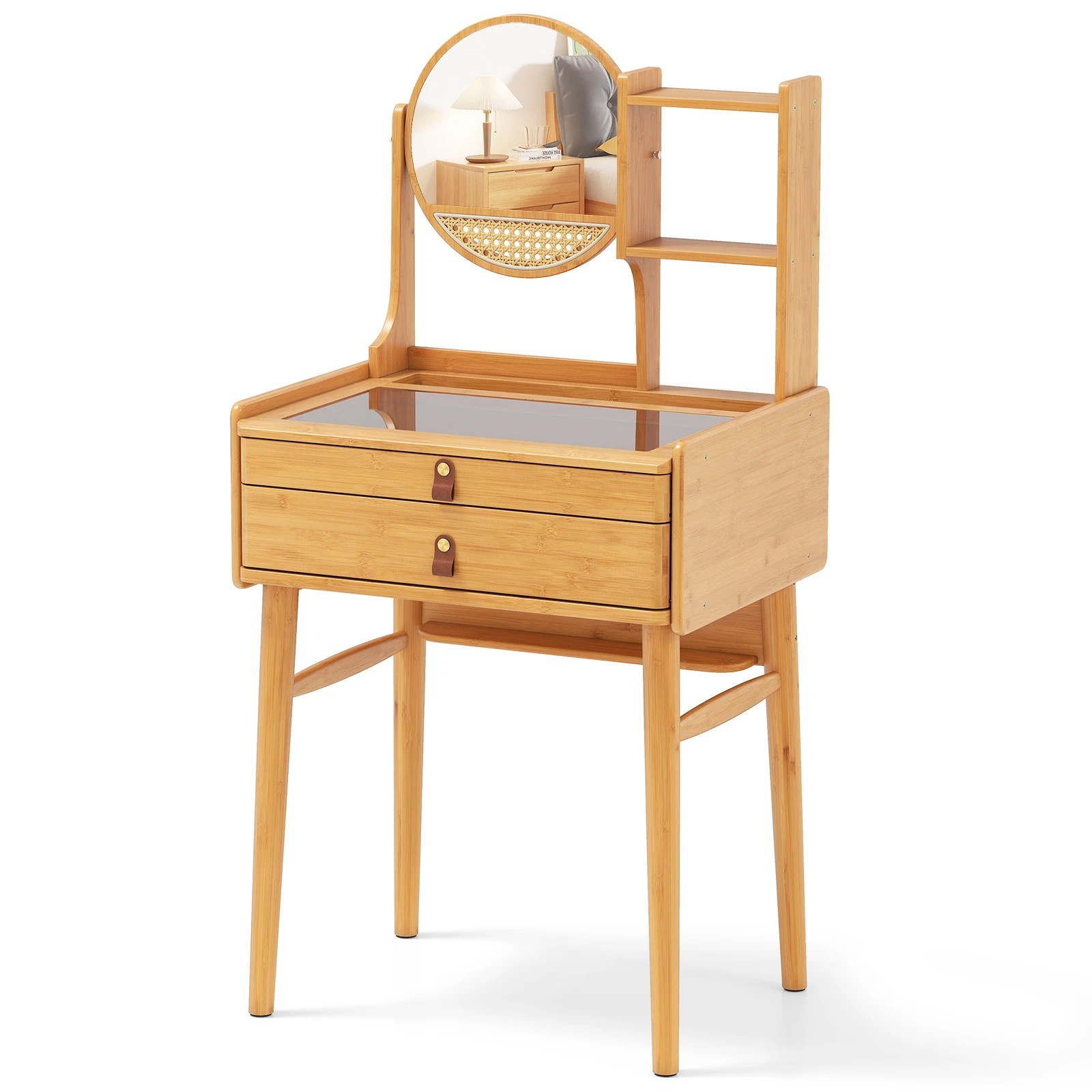1 Costway Small Bamboo Dressing Table w/Mirror Compact Makeup Table, 1 of 5