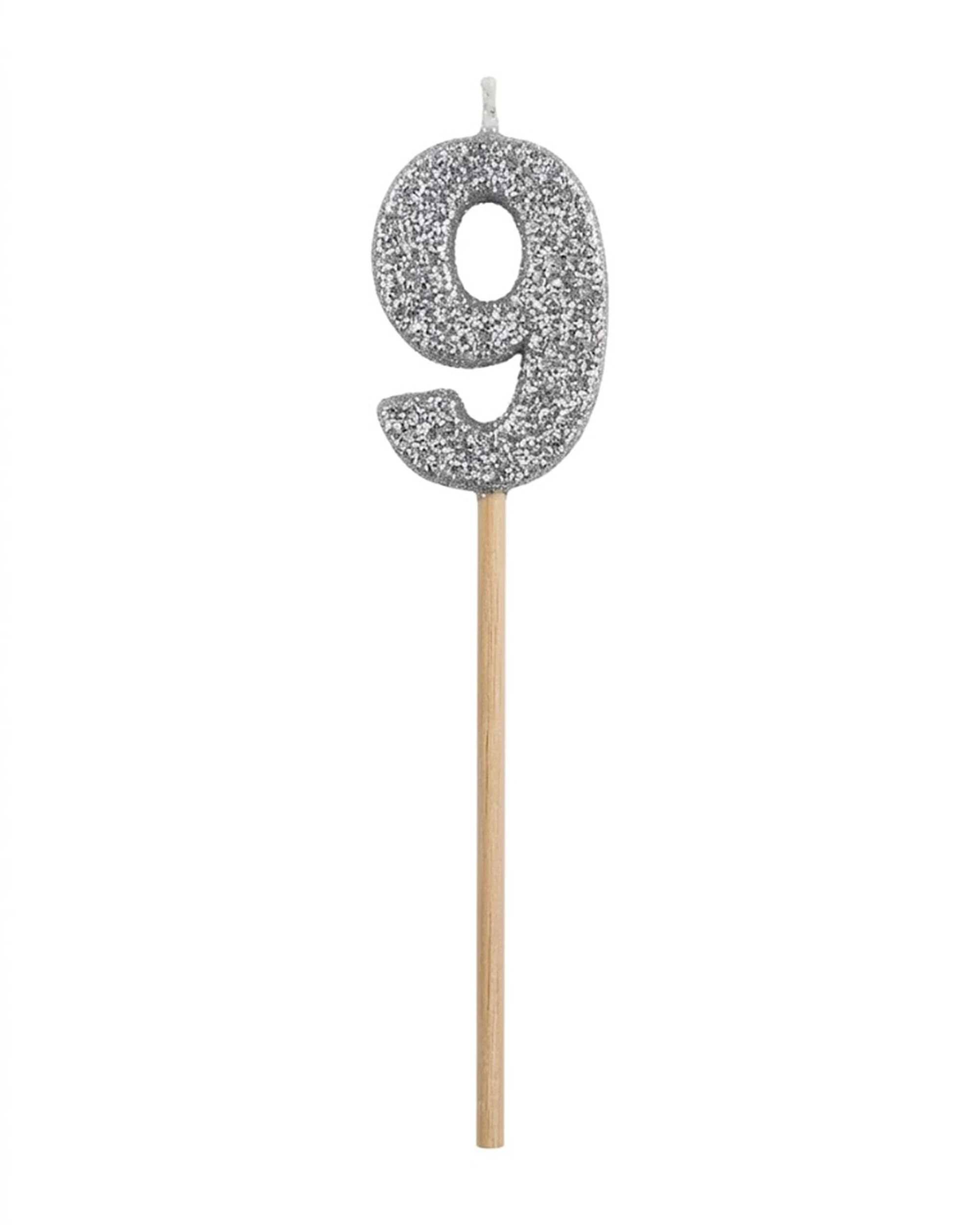 1 Alpen Glitter Candle Number 9 Party Cake Topper Supply - Silver, 1 of 2