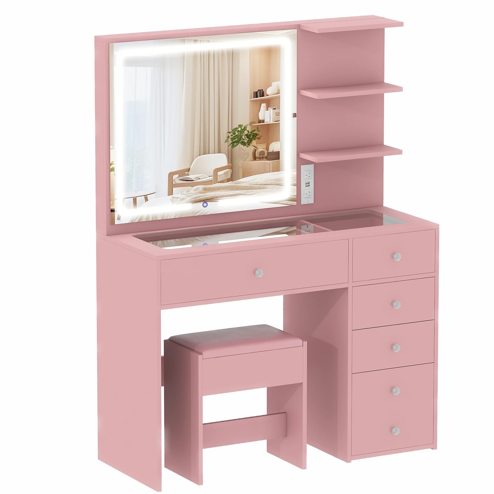 1 Advwin Dressing Table with LED Mirror 5 Drawers and Charging Station - Pink, 1 of 8
