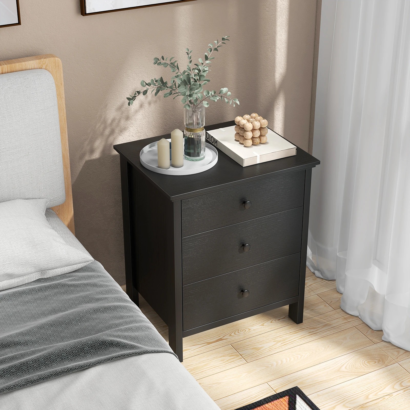 4 Costway 3 Drawers Nightstand Wooden Bedside Storage Cabinet Side Table, 4 of 5