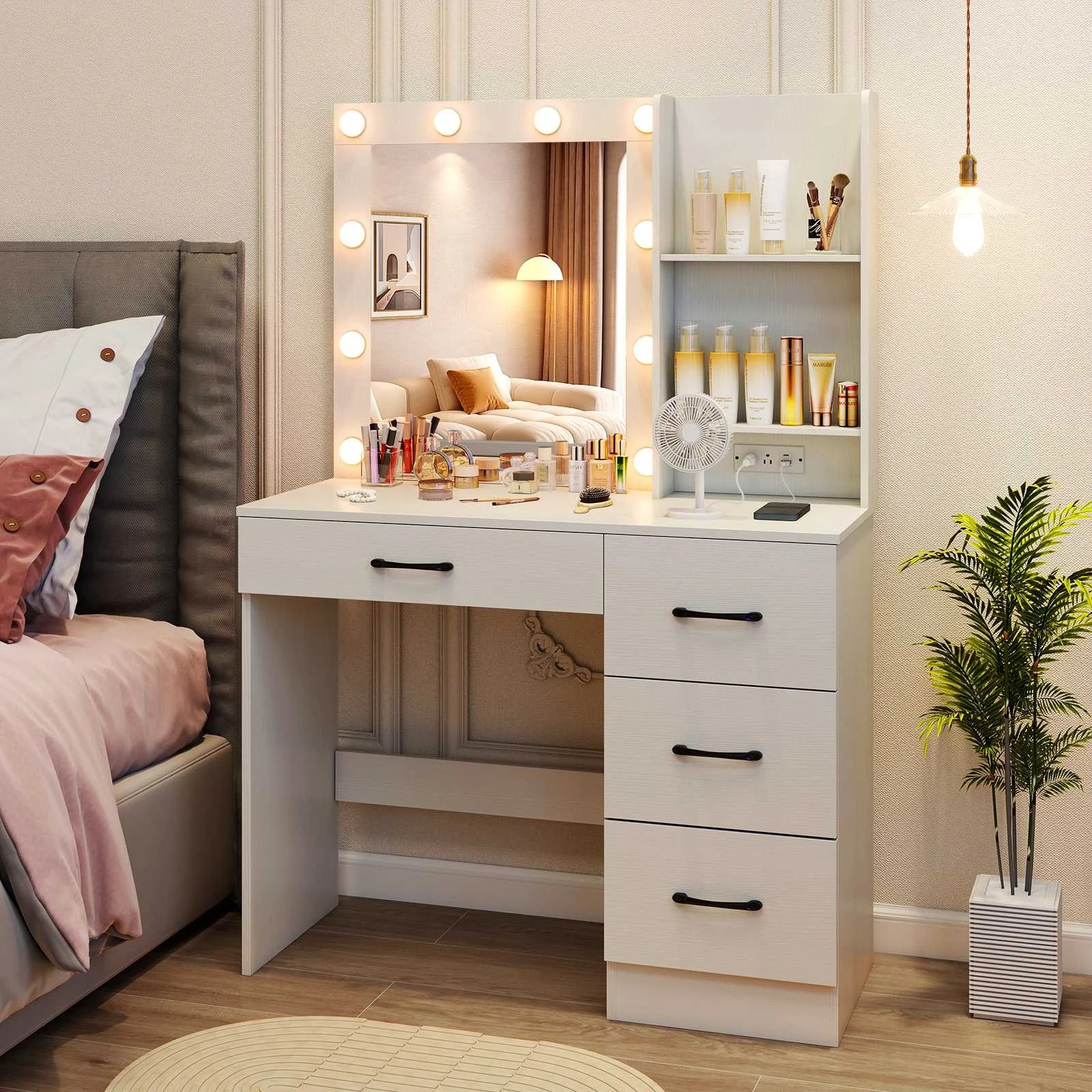 2 Costway 3-Color LED Dressing Table w/Charging Station Drawers Makeup Mirror Vanity Desk, 2 of 4