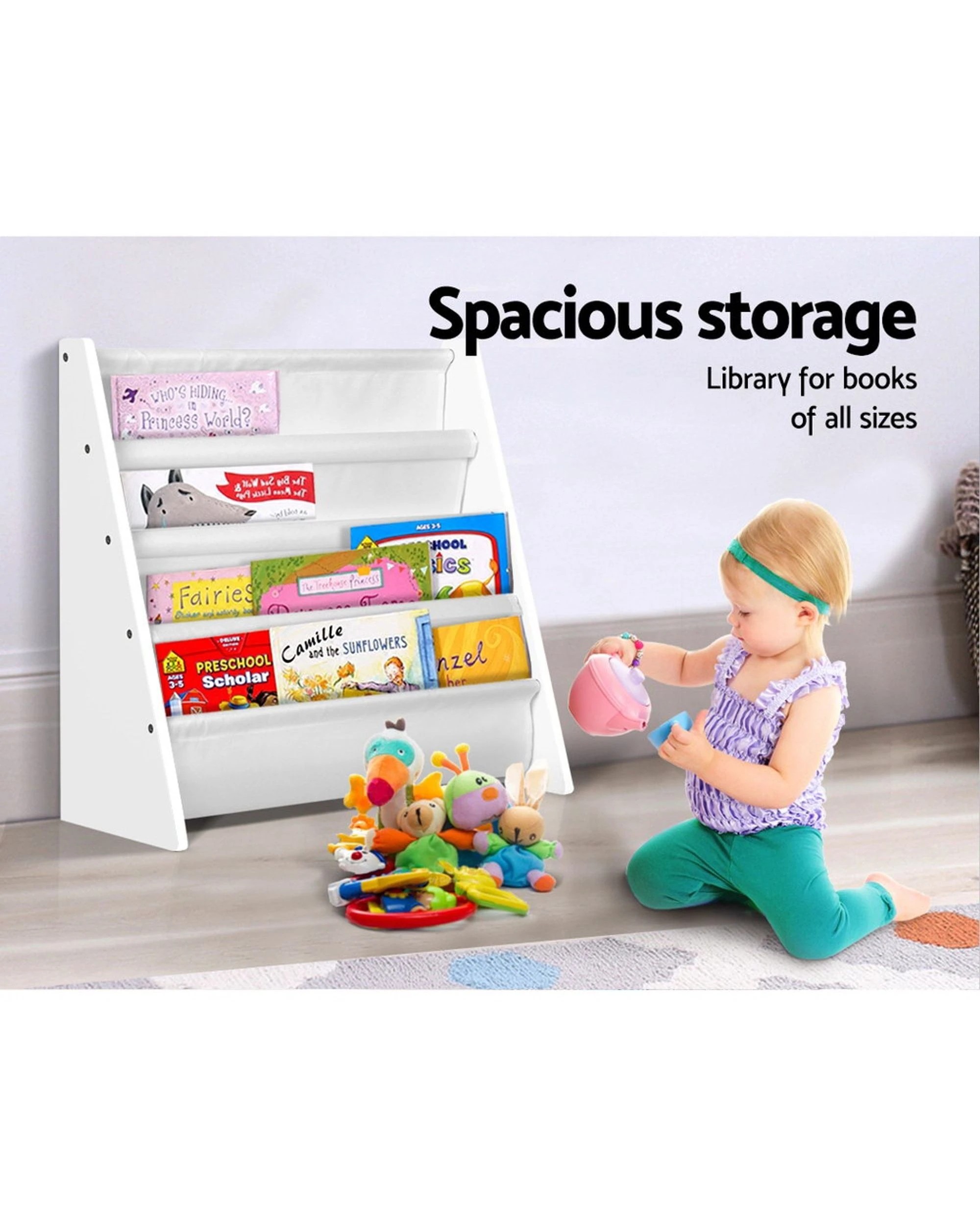 3 Keezi 4 Tiers Kids Bookshelf Magazine Shelf Children Bookcase Rack Organiser
 - White, 3 of 4