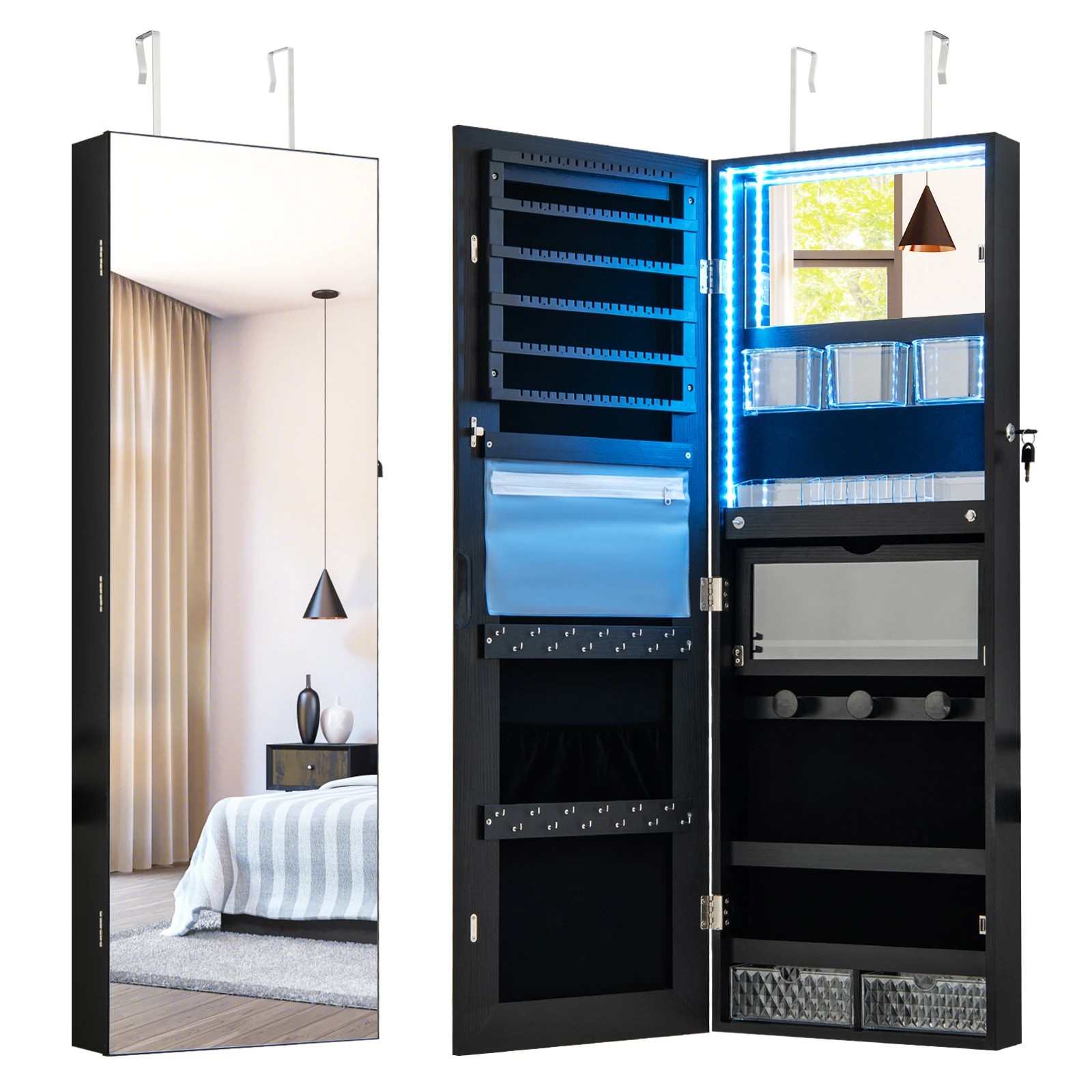 1 Costway Mirrored Jewellery Cabinet Wall Mounted LED Jewelry Armoire - Black, 1 of 4