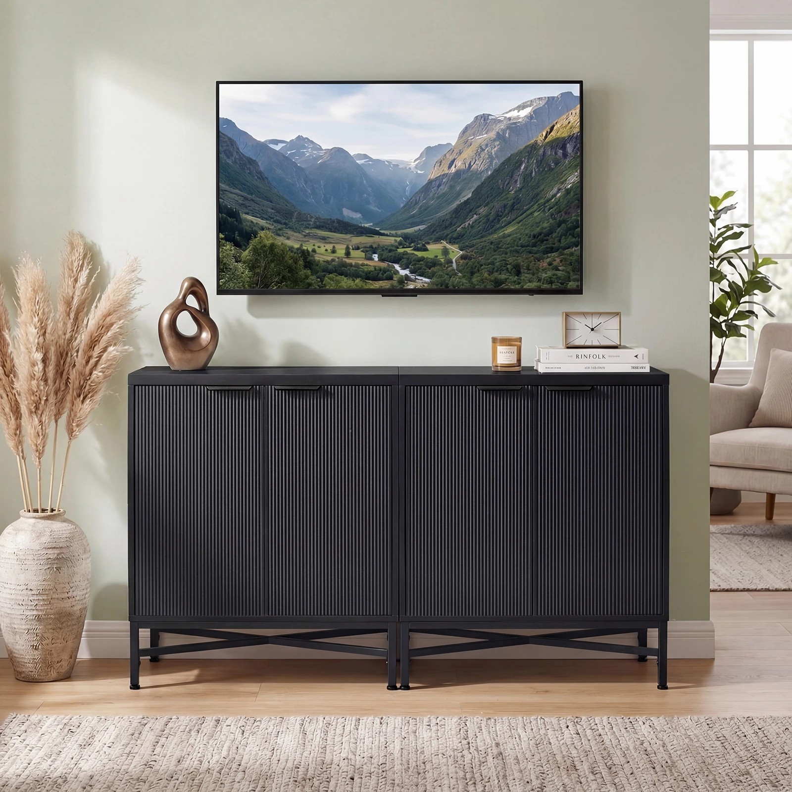 4 Costway Fluted Sideboard Buffet Cabinet 2 Doors Adjustable Shelf Console Table - Black, 4 of 4